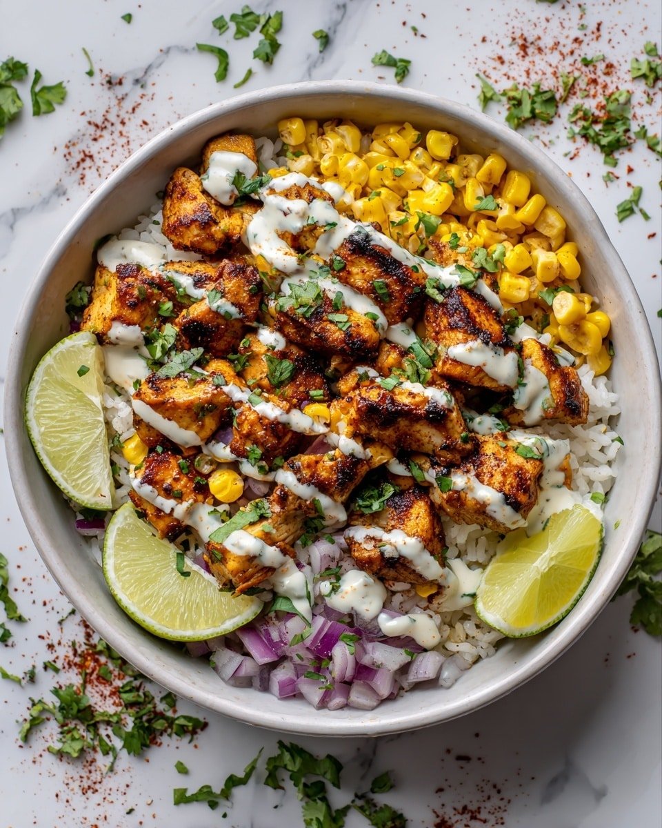 Street Corn Chicken and Rice Bowls Recipe - Recipe Image — Street Corn Chicken and Rice Bowls, Mexican street food bowls, smoky chicken and corn bowl, easy weeknight dinner recipes, flavorful chicken rice bowls