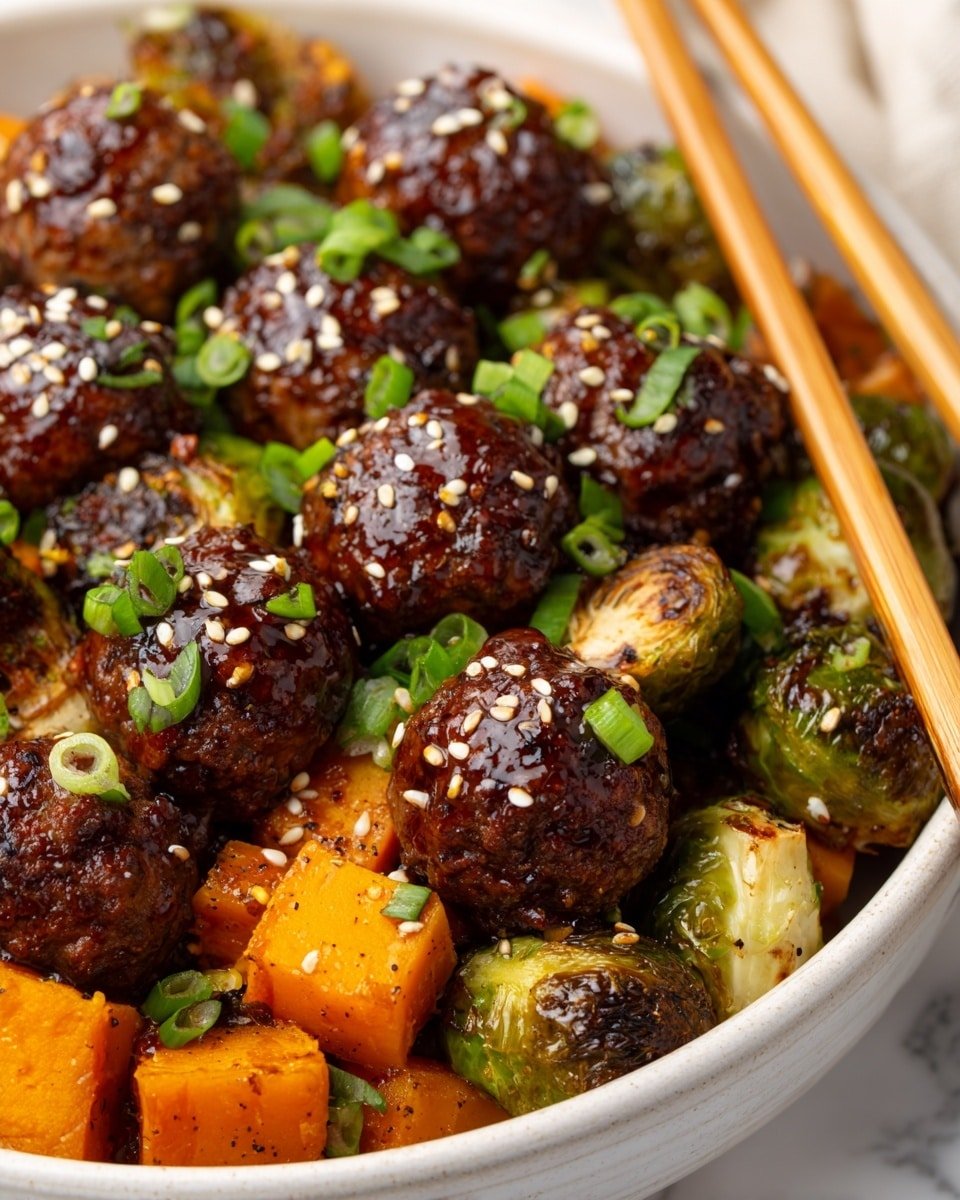 Korean BBQ Meatballs with Roasted Sweet Potatoes and Brussels Sprouts Recipe - Recipe Image — Korean BBQ Meatballs with Roasted Sweet Potatoes and Brussels Sprouts, Korean meatball recipes, Healthy roasted vegetable dishes, Easy weeknight dinners, Korean-inspired comfort food