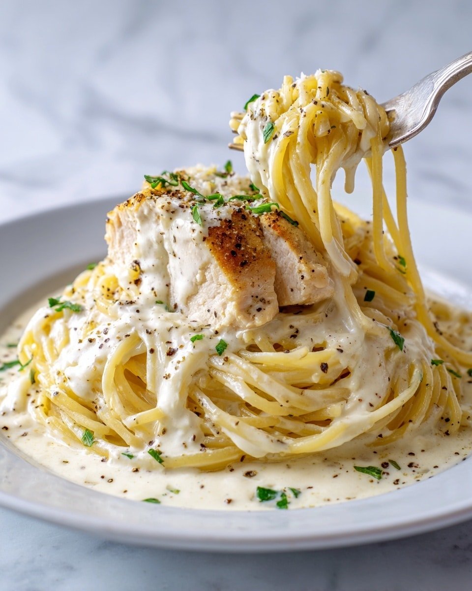 A white plate holds a pile of creamy yellow spaghetti covered in a thick white sauce. On top of the pasta rests a large piece of golden brown cooked chicken coated lightly with sauce and sprinkled with black pepper and small green herb pieces. A silver fork twirls a small bundle of spaghetti, lifting it up near the center of the plate. The sauce is smooth and rich, with small bits of grated cheese and herbs scattered throughout. The whole scene is set against a white marbled surface. photo taken with an iphone --ar 4:5 --v 7 — Crock Pot Angel Chicken, slow cooker creamy chicken, easy crock pot chicken dinner, comfort food recipes, no-fuss chicken recipes