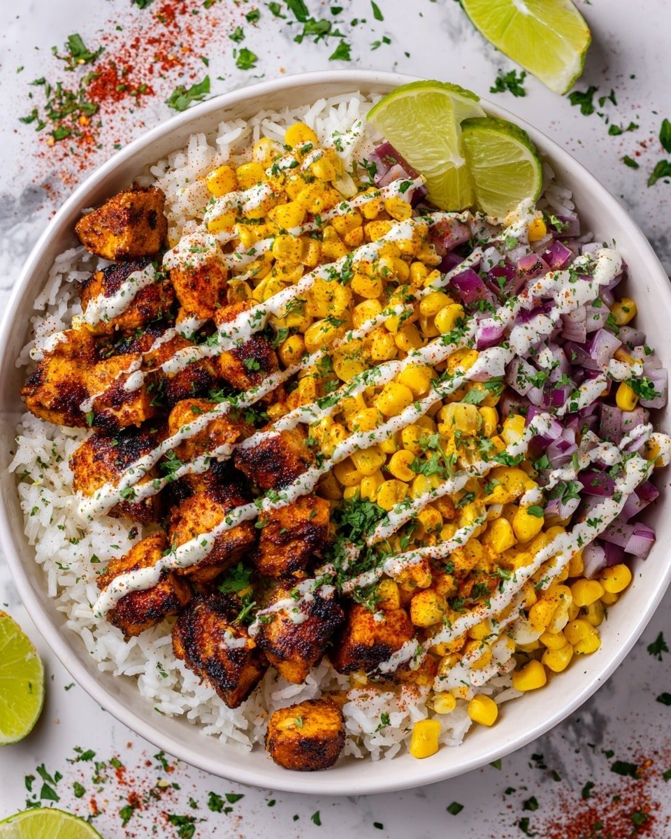 Street Corn Chicken and Rice Bowls Recipe - Recipe Image — Street Corn Chicken and Rice Bowls, Mexican street food bowls, smoky chicken and corn bowl, easy weeknight dinner recipes, flavorful chicken rice bowls