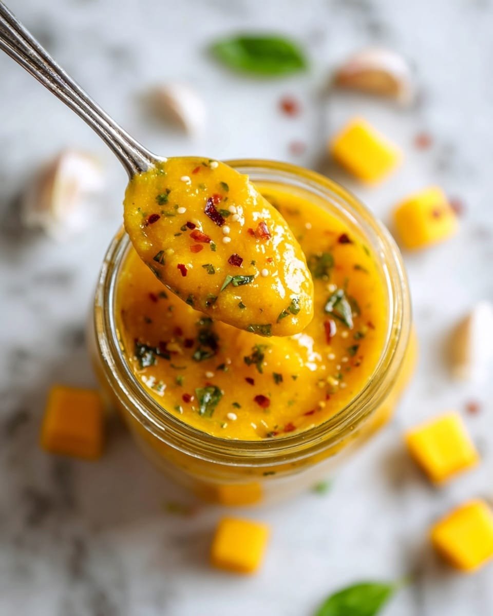Mango Habanero Honey Garlic Sauce Recipe - Recipe Image — Mango Habanero Honey Garlic Sauce, spicy mango glaze, honey garlic sauce, tropical hot sauce, grilled chicken sauce