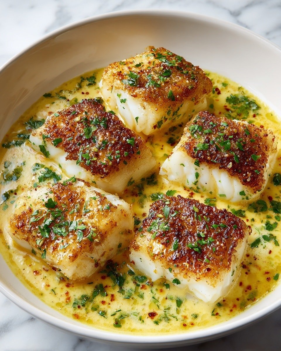 The image shows a close-up of four pieces of fish with golden brown, slightly crispy tops. The fish is white and flaky beneath the crust, sitting in a creamy yellow sauce that has small bits of herbs and spices. Fresh green chopped herbs are sprinkled on top of the fish and around it in the sauce. The fish pieces are arranged evenly in a white dish with a smooth surface, placed on a white marbled texture background. photo taken with an iphone --ar 4:5 --v 7 — Baked Cod in Coconut Lemon Cream Sauce, coconut lemon cod, baked fish with coconut lemon sauce, tropical fish recipes, easy fish dinner