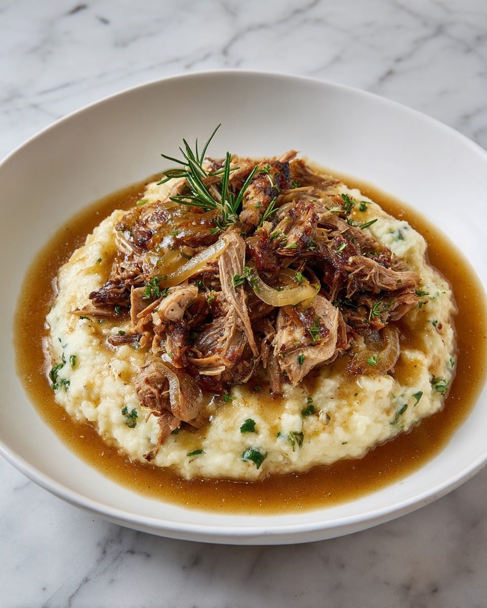 A white plate holds two main layers, starting with a base of creamy mashed potatoes mixed with green herbs, giving it a soft and slightly chunky texture with white and green colors. On top, there is a thick layer of slow-cooked roasted meat with a dark brown crust and tender, shredded pieces in light brown shades. Scattered around this are cooked onion slices turned translucent yellow and some pieces of rosemary adding green tones. Light brown gravy with a glossy finish is spread around the dish, filling gaps and adding shine. The entire plate is set on a white marbled surface. photo taken with an iphone --ar 4:5 --v 7 — Apple Cider Braised Pork Shoulder with Apples and Herbs, hearty pork shoulder recipe, fall comfort food, slow braised pork with apples, easy holiday dinner ideas