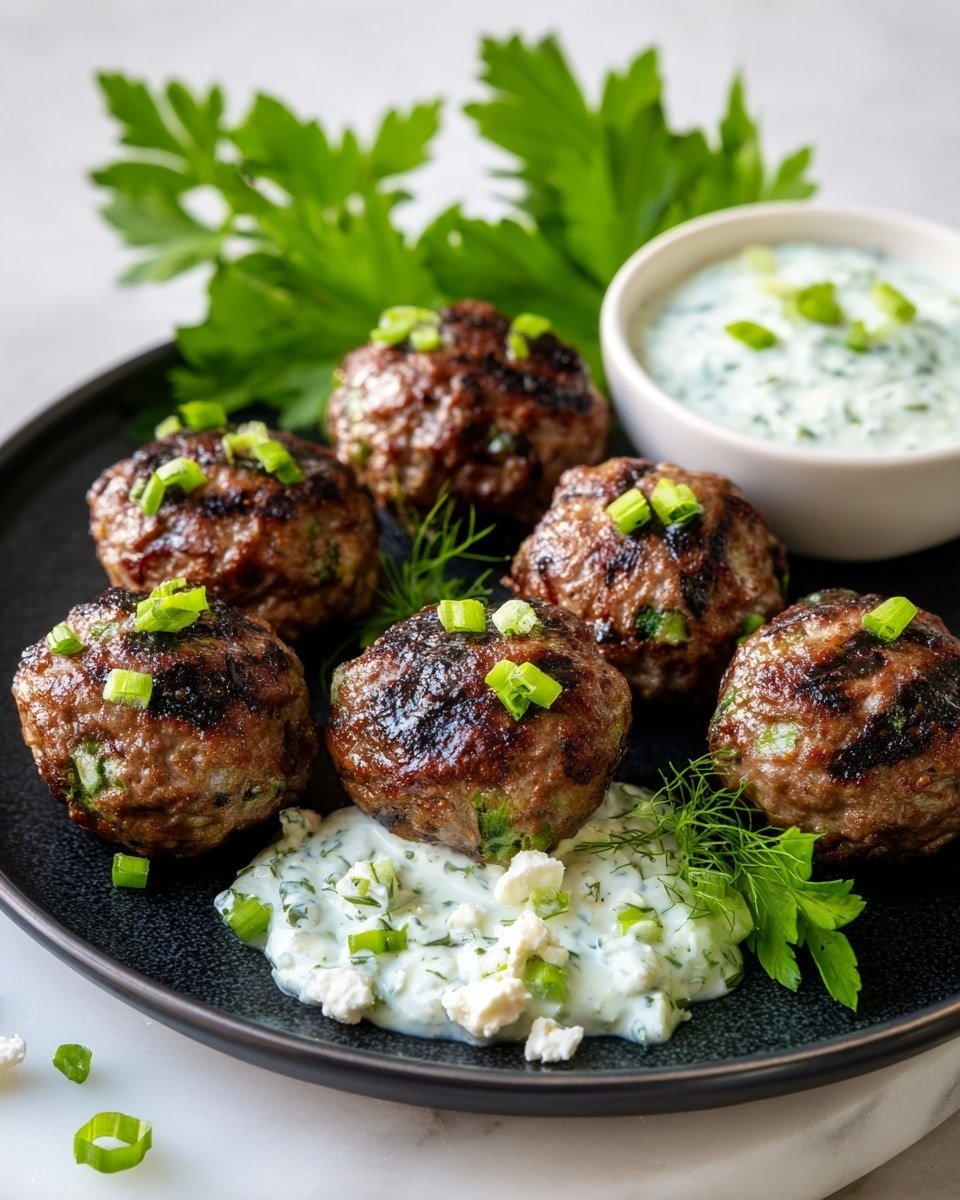 A dark round plate holds six brown, grilled meatballs with small green herb pieces on top and inside. Next to the meatballs, there is a creamy herb sauce mixed with finely chopped green onions and sprinkled with small white cheese crumbles. In the background, a small white bowl with a matching creamy herb sauce sits on the same plate. Fresh green parsley leaves are arranged behind the meatballs. The whole setup is on a white marbled surface. Photo taken with an iphone --ar 4:5 --v 7 — Spicy Lamb Meatballs with Creamy Green Herb Dip, spicy lamb meatballs, lamb meatball recipes, green herb dip, easy lamb appetizer