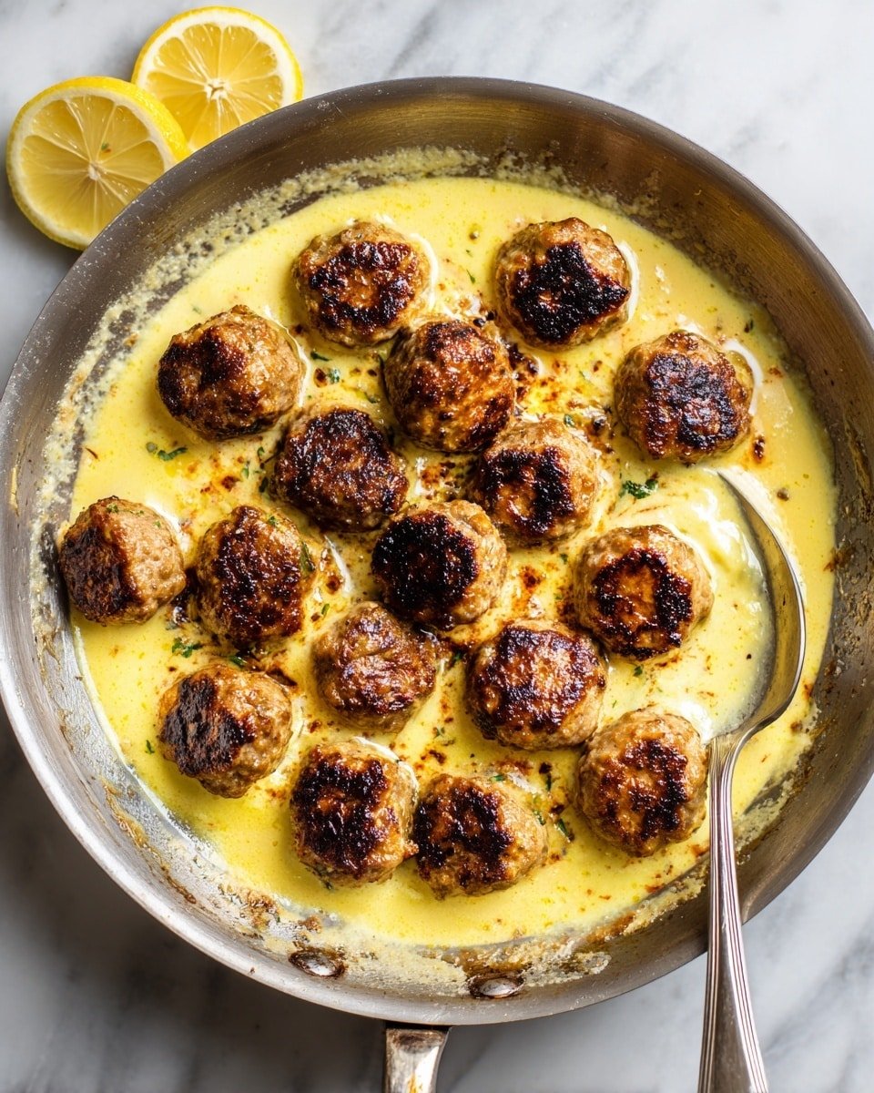 A pan filled with about fifteen small, browned meatballs sitting in a light yellow sauce that looks smooth and slightly shiny; the meatballs are unevenly shaped with a slightly coarse texture and some darker grilled spots on top; a silver spoon rests on the right inside edge of the pan, partially dipped in the sauce; in the top left corner, there are three lemon halves with a slightly rough texture placed on a white marbled surface photo taken with an iphone --ar 4:5 --v 7 — Meatballs in Lemon Sauce Greek Keftedes, Greek Keftedes with Lemon Sauce, Mediterranean Meatball Recipes, Lemon Chicken Meatballs, Greek-inspired Meatball Dish