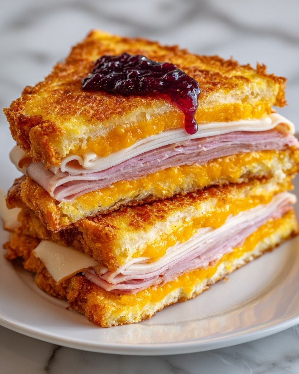 The image shows two stacked pieces of a sandwich with a crispy golden-brown crust. Each piece has four layers inside: the top and bottom layers are light golden fried bread with a crunchy texture, the second layer is thinly sliced white meat, the third layer is thin pink slices of ham, and underneath the ham is a melted bright orange cheese layer. A dollop of dark red jelly sauce is placed on the top corner of the upper piece, slightly dripping down the side. The sandwich pieces sit on a white plate, and the surface beneath is a white marbled texture. photo taken with an iphone --ar 4:5 --v 7 — Monte Cristo Sandwich with Raspberry Dipping Sauce, Monte Cristo Sandwich, Raspberry Dipping Sauce, brunch sandwiches, easy sandwich recipes