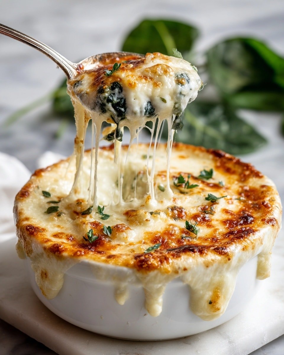 The image shows a white bowl filled with a creamy, golden-brown baked dish. The top layer is melted cheese with a browned texture and some small green parsley leaves sprinkled on it. A silver spoon is lifting a scoop from the dish, with stretchy melted cheese pulling away in strings. Underneath the top cheese layer, there is a smooth, creamy white layer mixed with dark green pieces, possibly spinach or herbs. The bowl is placed on a white marbled surface with some blurred green leaves in the background. photo taken with an iphone --ar 4:5 --v 7 — Chile Relleno Soup, baked chili pepper soup, smoky poblano soup, cheesy Mexican soup, comforting poblano pepper bowl