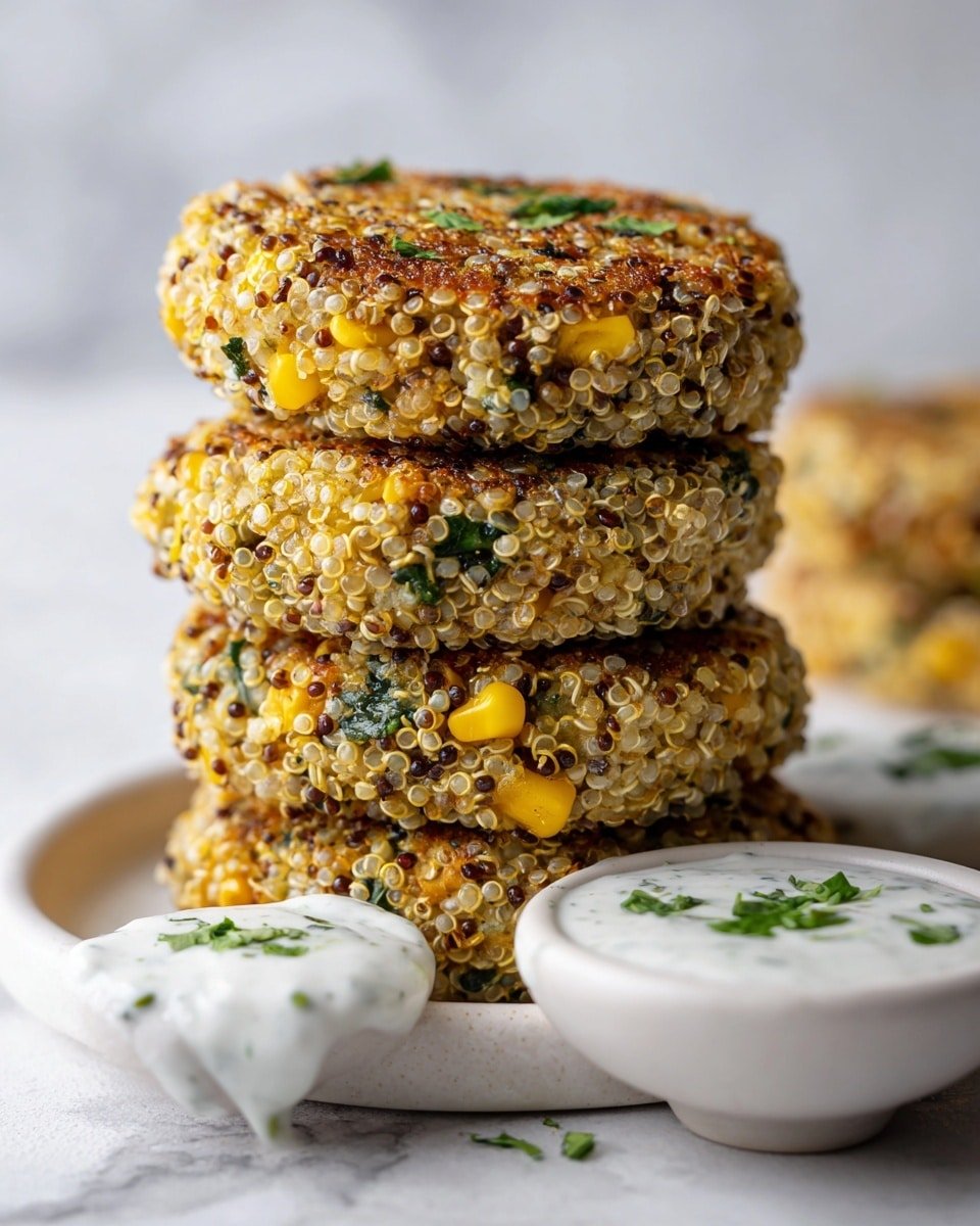 The image shows a stack of four round quinoa patties with a crispy golden brown top layer dotted with small green herb pieces and bits of yellow corn. The patties have a bubbly, textured surface with visible quinoa seeds that add a light, translucent effect. They are placed on a white bowl, and behind them, there are two small pools of white creamy sauce garnished with finely chopped green herbs. The background is a white marbled texture. Photo taken with an iphone --ar 4:5 --v 7 — Crunchy Quinoa Veggie Patties, healthy veggie patties, plant-based patties, crispy quinoa bites, vegetarian dinner ideas
