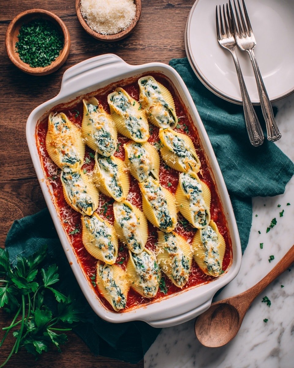 A white rectangular dish holds three rows of stuffed pasta shells, each filled with a creamy white cheese and spinach mixture with small hints of orange melted cheese on top. The shells rest on a thick red tomato sauce that fills the bottom of the dish. The dish is placed on a light brown wooden table near a wooden spoon and a white plate with a silver fork. To the left, there are two small bowls – one with chopped green herbs and the other with grated white cheese – along with some fresh parsley sprigs. The whole scene is set on a white marbled textured surface with a dark green cloth partly under the dish photo taken with an iphone --ar 4:5 --v 7 — Tofu Ricotta Stuffed Shells with Spinach, vegan stuffed pasta shells, plant-based baked stuffed shells, dairy-free ricotta shells, healthy vegetarian baked pasta
