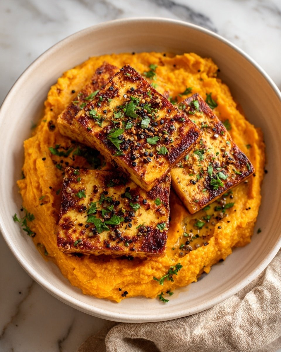 The dish shows three rectangular dark golden brown grilled tofu pieces with a slightly crispy texture on top of a thick layer of smooth orange mashed sweet potatoes. The tofu is sprinkled with small green parsley bits and black specks of pepper, adding color contrast. Everything is served in a round white bowl placed on a white marbled surface, with a beige cloth partially visible on the side. The overall look is warm and inviting with a homey feel photo taken with an iphone --ar 4:5 --v 7 — Tofu Steak with Mashed Sweet Potato, plant-based tofu steak recipe, vegan sweet potato dishes, healthy tofu and sweet potato meal, comforting vegetarian dinner