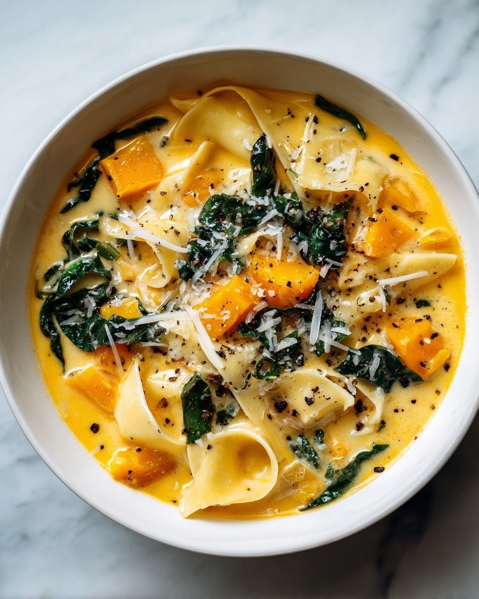 A white bowl is filled with a creamy orange soup that has a smooth texture, with visible chunks of bright orange squash, dark green leafy vegetables, and wide, wavy flat noodles scattered throughout. Shredded white cheese is sprinkled on top, melting slightly into the soup. The dish has specks of black pepper on the surface, creating small dark spots. The bowl sits on a white marbled surface. photo taken with an iphone --ar 4:5 --v 7 — Butternut Squash Lasagna Soup with Kale & Mozzarella, Fall Vegetable Soup, Cozy Butternut Squash Soup, Healthy Lasagna-Inspired Soup, Easy Fall Dinner Idea