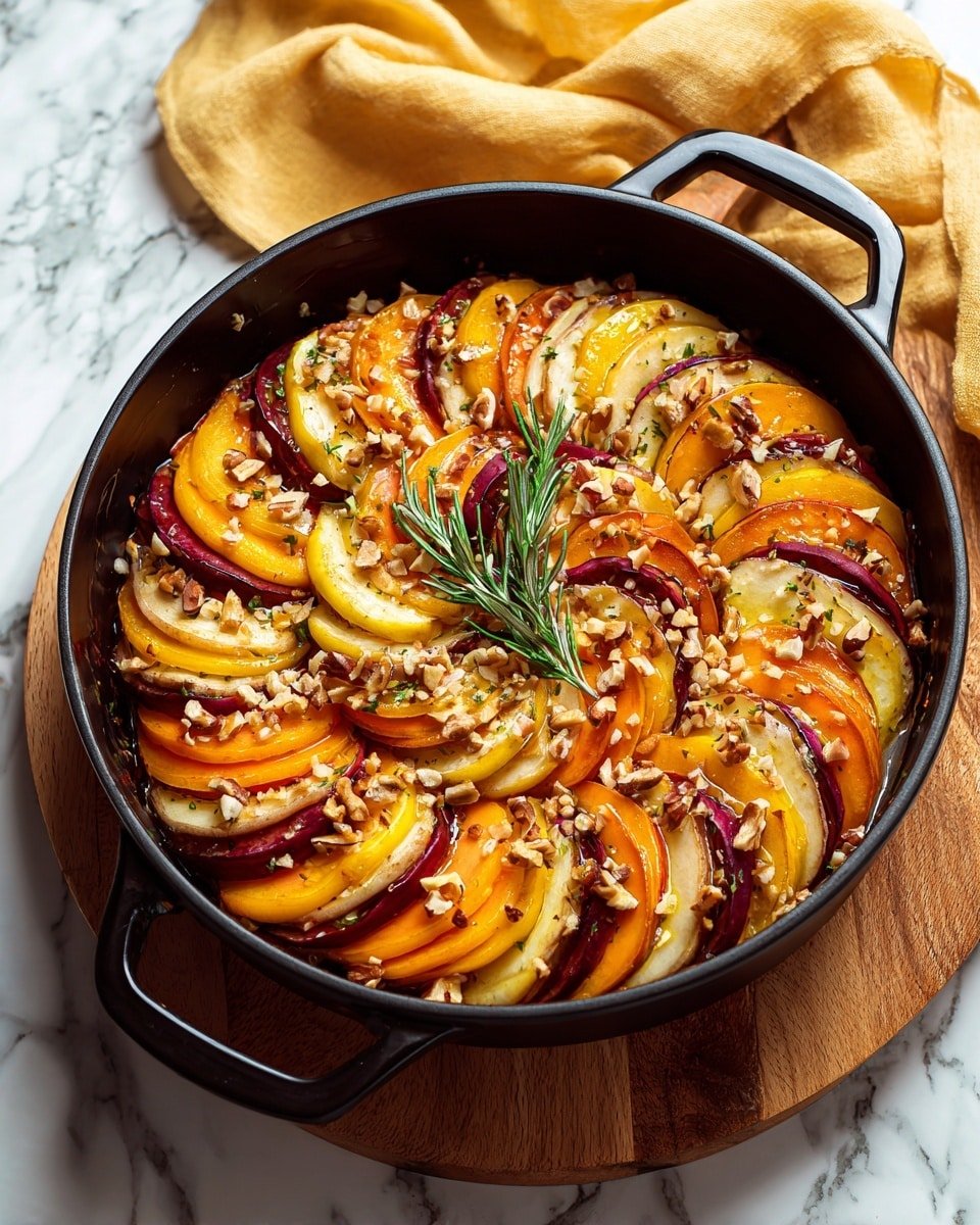 A black pan is filled with a round layered dish arranged in a spiral pattern. The dish has alternating slices of orange, cream, and deep red colors, likely squash, apple, and onion. Chopped nuts are sprinkled evenly over the top, adding a crunchy texture. Two fresh green sprigs of rosemary are placed in the center for decoration. The pan sits on a wooden surface with a light yellow and purple cloth nearby. The background has been changed to a white marbled texture. photo taken with an iphone --ar 4:5 --v 7 — Butternut Squash, Apple, and Fennel Tian, autumn vegetable tian, healthy vegetable casserole, seasonal fall dish, cozy oven-baked vegetable medley