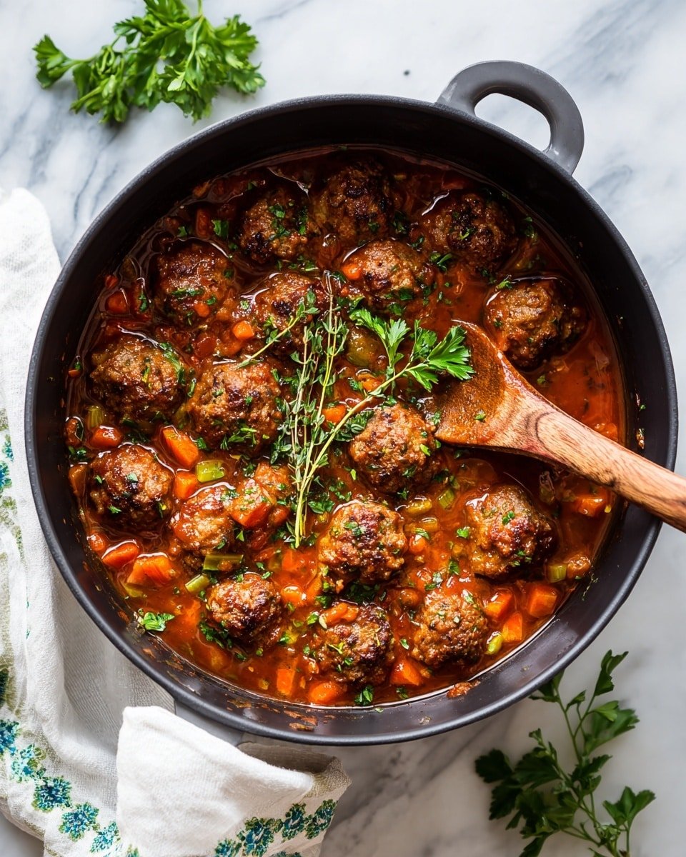 The image shows a black pot filled with brown meatballs in a reddish-brown sauce, mixed with small pieces of orange carrots and green celery. The sauce looks thick and is topped with fresh green parsley leaves and a few sprigs of thyme. A brown wooden spoon rests inside the pot, partially submerged in the sauce. The pot sits on a white marbled surface with some fresh green parsley scattered around. A white cloth with green and blue patterns is partially visible next to the pot. Photo taken with an iphone --ar 4:5 --v 7 — Stuffed Meatballs in Guinness Gravy, Guinness gravy recipes, Irish meatball recipes, hearty comfort food, meatball recipes with cheese