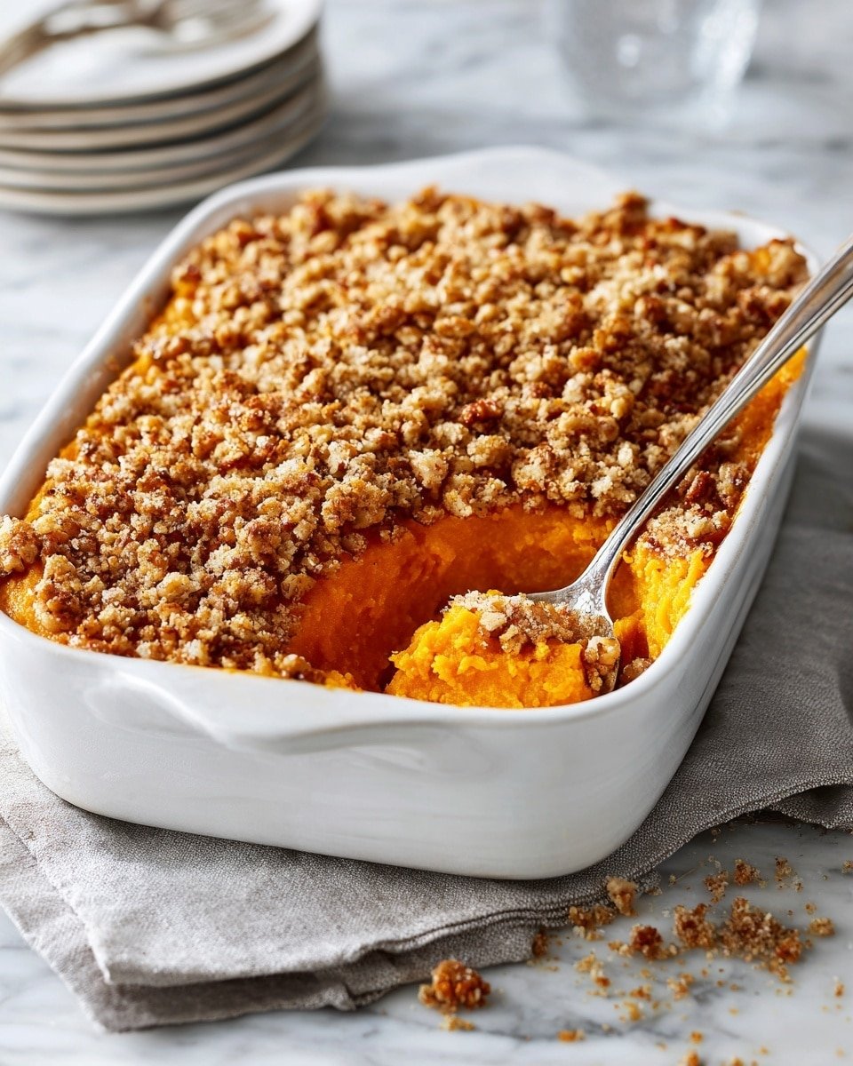 A white rectangular baking dish holds a two-layer sweet potato casserole placed on a white marbled surface. The bottom layer is a smooth, bright orange sweet potato mash filling most of the dish. The top layer is a crumbly golden brown streusel topping made of roughly chopped nuts and sugar, evenly spread across the surface. A silver spoon rests inside the dish, scooping a portion out and revealing the vibrant orange layer below. The dish is set on a light gray cloth napkin with some crumbs scattered beside it. In the blurred background, a stack of white plates is faintly visible. photo taken with an iphone --ar 4:5 --v 7 — Southern Sweet Potato Casserole with Pecan Streusel, sweet potato casserole, pecan streusel topping, holiday side dish, cozy fall recipes