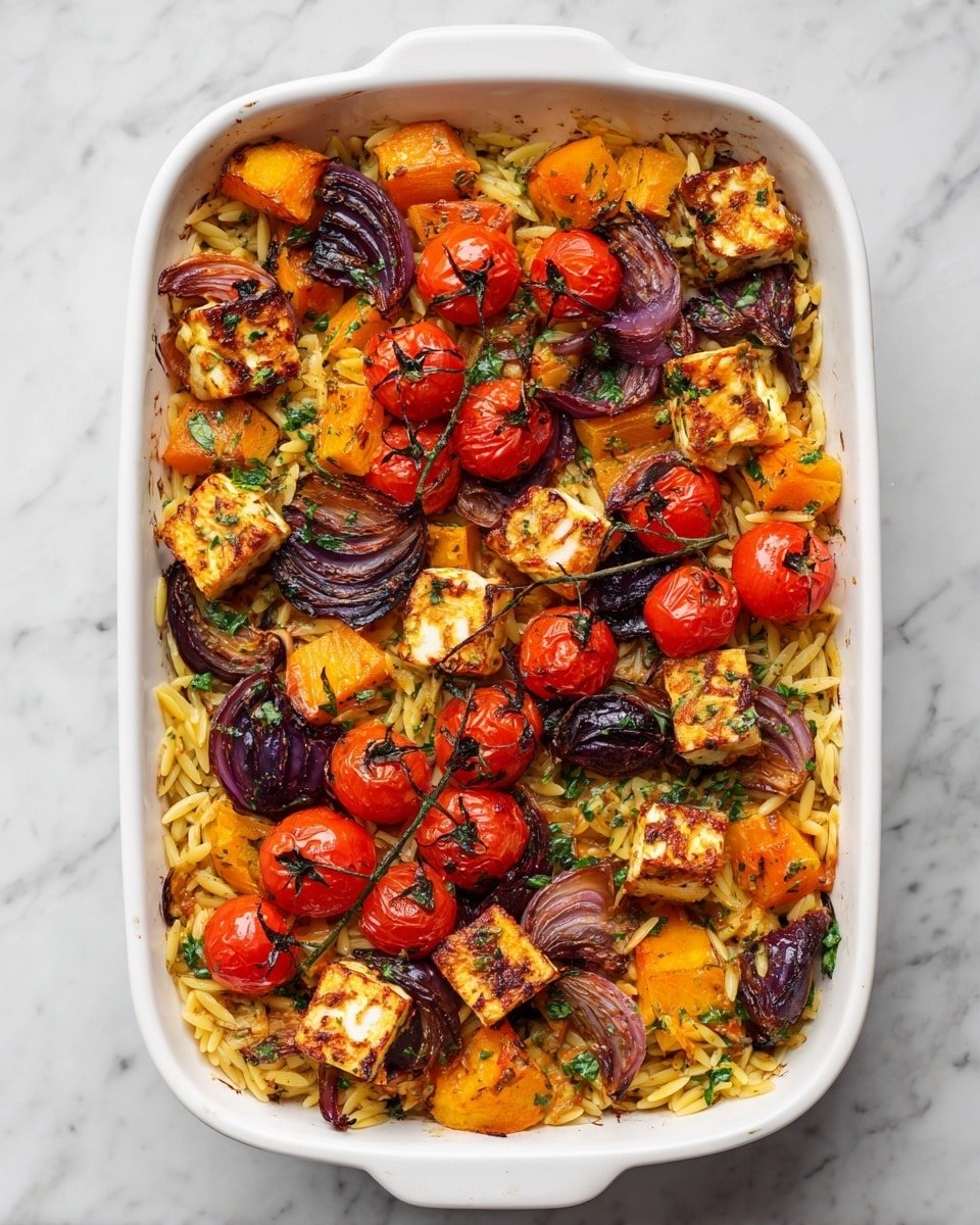 A white rectangular dish filled with a baked dish showing a base layer of golden orzo pasta, topped with scattered chunks of bright orange roasted squash, whole roasted red cherry tomatoes still on the vine, browned cubes of grilled halloumi cheese with green herb specks, and sections of caramelized deep purple-red onion. The dish edges show slight browning, and the food pieces are arranged evenly across the surface on a white marbled background. photo taken with an iphone --ar 4:5 --v 7 — Homemade Butternut Squash Bake, roasted butternut squash bake, comforting autumn squash casserole, easy butternut squash dinner, healthy squash and orzo bake