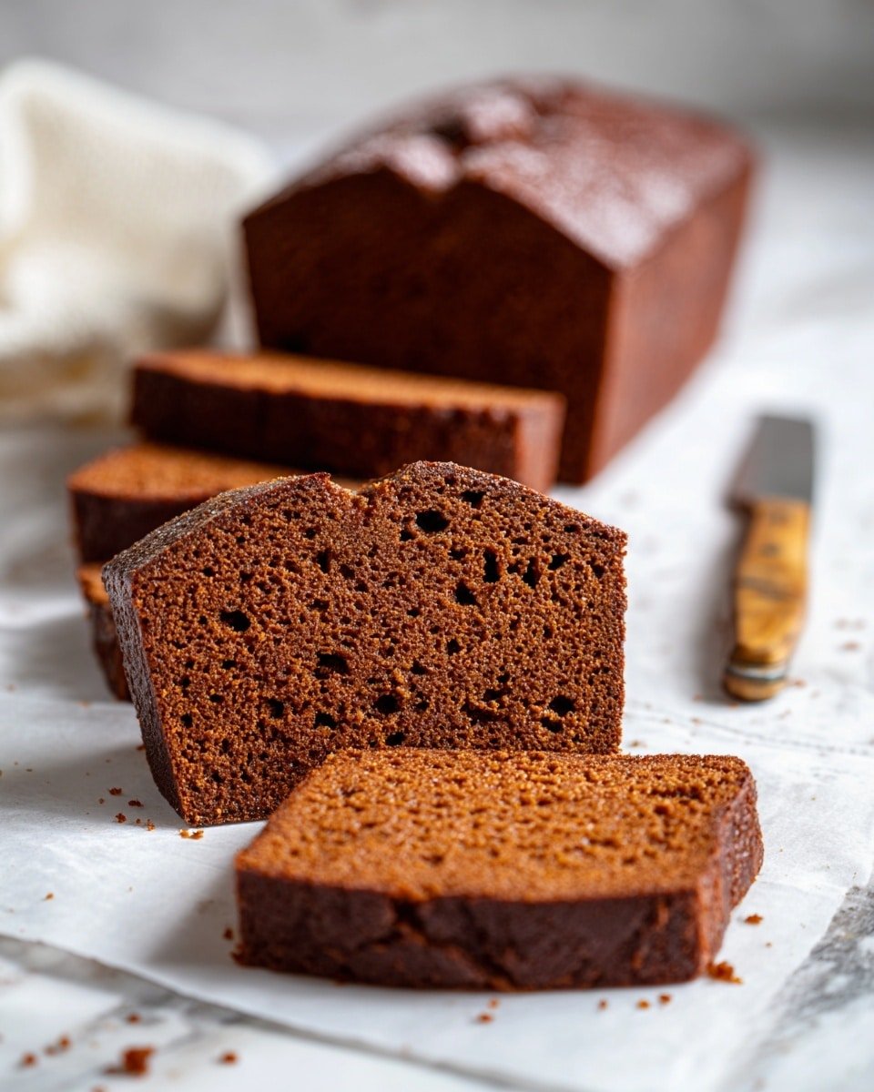 The image shows a loaf of brown cake sliced into pieces placed on white parchment paper over a white marbled surface. One piece is placed flat in the foreground, showing its soft, moist texture with small air holes all over. Behind it, a few thick slices stand stacked, revealing the cake's dense and even crumb. There are scattered crumbs around the slices and a knife with a wooden handle lies on the right side, resting on the marbled surface. Photo taken with an iphone --ar 4:5 --v 7 — Gingerbread Loaf, classic gingerbread loaf, holiday gingerbread cake, spiced gingerbread bread, comforting gingerbread dessert