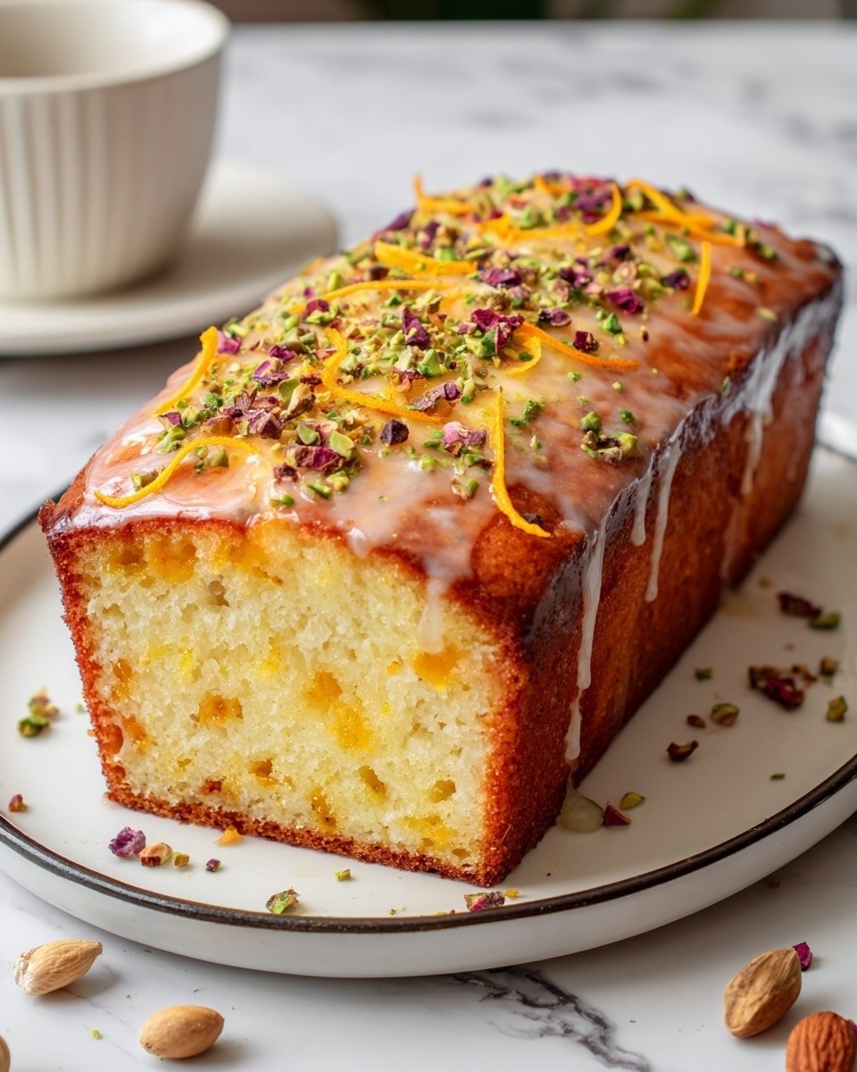 A rectangular cake with a golden brown crust and a light yellow inside with small orange bits scattered throughout, topped with a shiny orange glaze. On top of the glaze are small green and purple chopped nuts and thin orange peel strips spread evenly. The cake sits on a white plate with a dark rim, placed on a white marbled surface with some scattered nuts around it. In the background, there is a white bowl that is out of focus. photo taken with an iphone --ar 4:5 --v 7 — Cardamom Orange Pistachio Tea Cake, spiced nutty dessert, orange citrus cake, aromatic tea cake recipe, holiday brunch cake