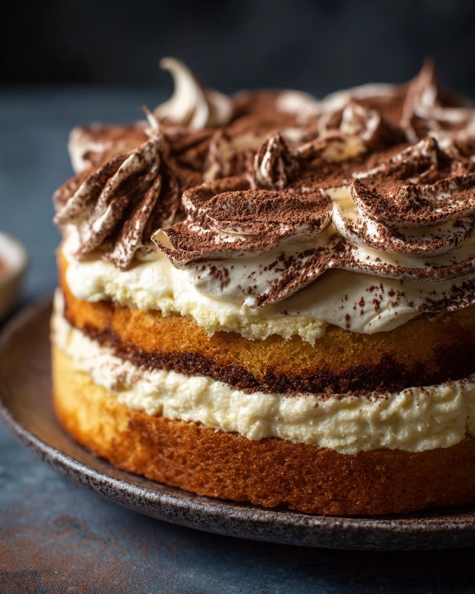 A close-up of a two-layer round cake on a dark textured plate against a soft blurred dark background. The bottom layer is a thick, golden brown sponge cake. Above it is a generous thick layer of creamy white frosting with cocoa powder dusted on it, showing some swirling texture. On top sits another golden brown sponge cake layer, topped with a thick spread of white frosting with swirling dark cocoa powder patterns. The cake looks soft and rich, with the frosting thick and airy, and the cocoa powder adding a textured contrast. Photo taken with an iphone --ar 4:5 --v 7 — Tiramisu-ish Layer Cake, coffee-flavored cake, mascarpone dessert, espresso soaked cake, tiramisu-inspired cake