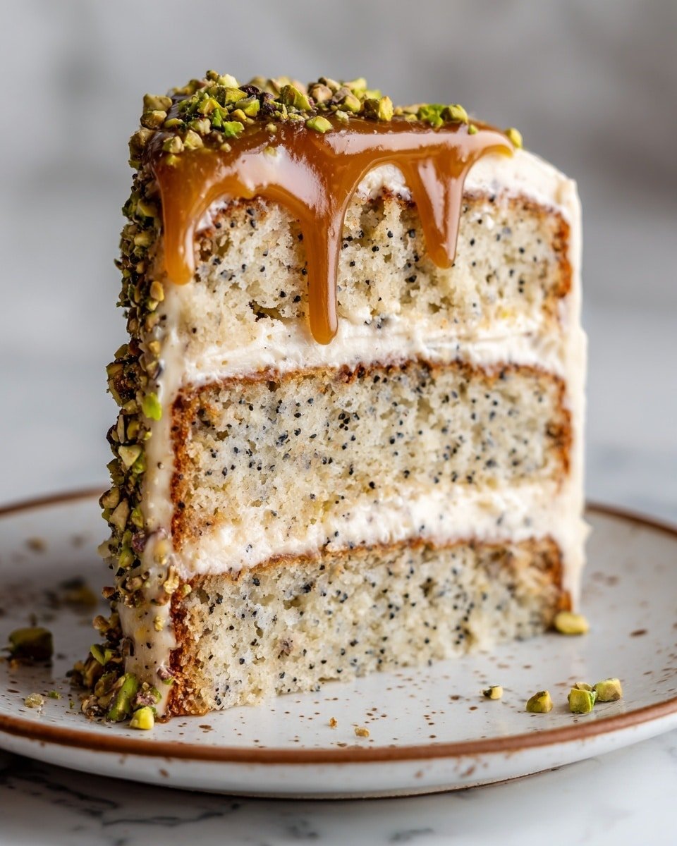 A slice of three-layer cake sits on a white plate with subtle speckles and a brown rim, placed on a white marbled surface. Each cake layer is light with tiny dark specks, likely poppy seeds, and separated by smooth, creamy beige frosting. The top layer is covered with a thick caramel glaze that drips slightly down the sides, surrounded by finely chopped green pistachio nuts pressed into the frosting on the outer sides of the cake. The image is close-up, showing the moist texture of the cake and glossy shine of the caramel. Photo taken with an iphone --ar 4:5 --v 7 — Pistachio Coffee Cake, coffee cake with pistachios, easy pistachio dessert, breakfast coffee cake, homemade pistachio cake