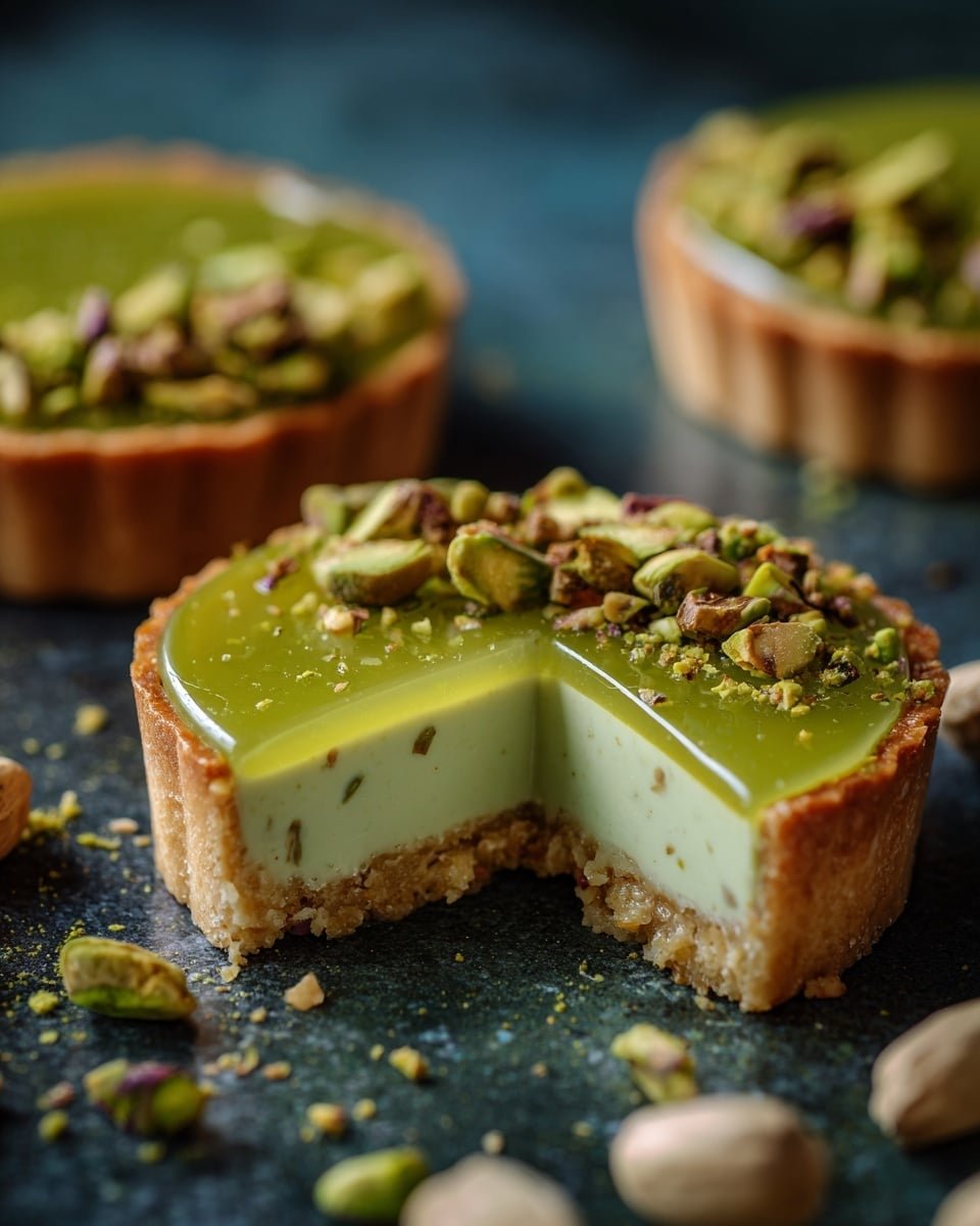 The image shows a small tart with three visible layers: a light golden crust forming the base and edges, a pale green creamy middle layer, and a shiny, bright green jelly-like top. The tart is topped with uneven pieces of pistachios that add texture and color contrast. One side of the tart has a bite taken out, revealing the smooth layers inside. The tart rests on a dark surface with scattered pistachio crumbs around it, with some whole pistachios blurred in the background. Another similar tart is shown slightly out of focus in the back. photo taken with an iphone --ar 4:5 --v 7 — Mini Pistachio Tartlets, Elegant Bite-Sized Nutty Delights, Pistachio Tartlet Recipe, Tiny Nutty Pastry Bites, Delicious Pistachio Dessert