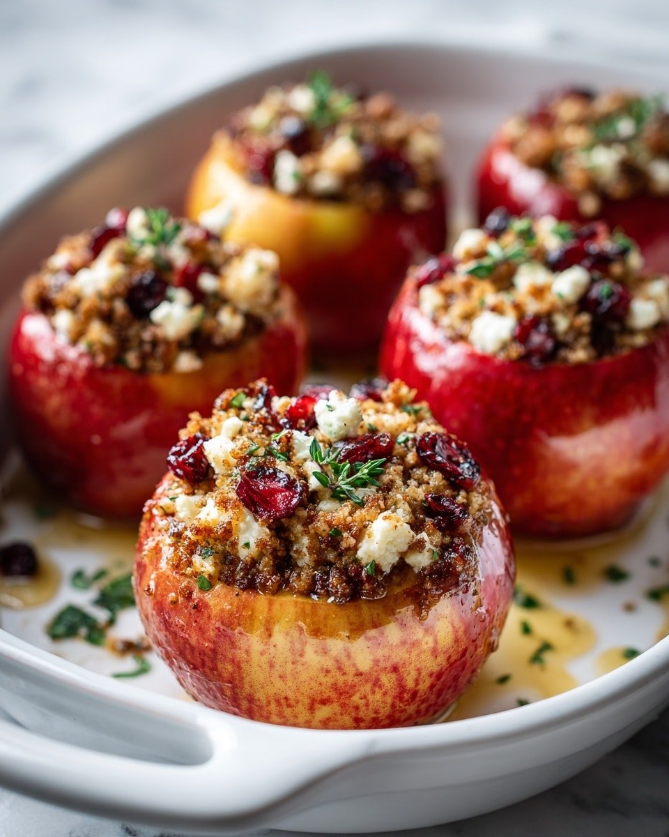 The image shows five halved apples arranged closely on a white baking dish with a handle. Each apple half is hollowed to create a bowl shape and filled with a mixture of crumbly brown topping, white cheese bits, and bright red dried cranberries, sprinkled with small green herb leaves. The apples have a shiny, lightly baked look with a gradient of red and yellow skin and a smooth, moist surface. There is a drizzle of shining golden syrup over the filling and apples, adding a glistening effect. Green herb pieces are scattered around on the white marbled surface beneath the dish. The focus is sharp on the front apple with a soft blur on the background apples. photo taken with an iphone --ar 4:5 --v 7 — Baked Apples with Feta, Honey, and Cranberries, baked apple dessert with feta and cranberries, easy baked apple recipe with honey and cinnamon, cozy fall baked fruit dish, healthy baked apple treat