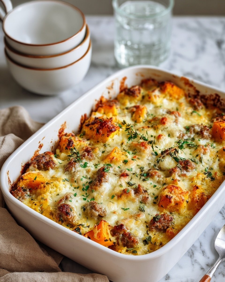 The image shows a white rectangular baking dish filled with a baked casserole. The top layer is golden brown with melted cheese that has browned slightly in places, giving a mix of creamy yellow and light orange colors. Small pieces of green herbs are scattered on top, adding a bit of color contrast. There are chunks of bright orange butternut squash mixed with brown cooked sausage and creamy white cauliflower pieces visible through the cheese. The edges of the baking dish have some browned spots from the baking process. In the background, there are two stacked white bowls with a thin brown rim, a glass of clear water, and a beige cloth on a white marbled surface. The photo taken with an iphone --ar 4:5 --v 7 — Autumn Butternut Squash and Italian Sausage Casserole, cozy autumn casserole recipes, Italian sausage vegetable bake, fall comfort food recipes, hearty roasted squash dish