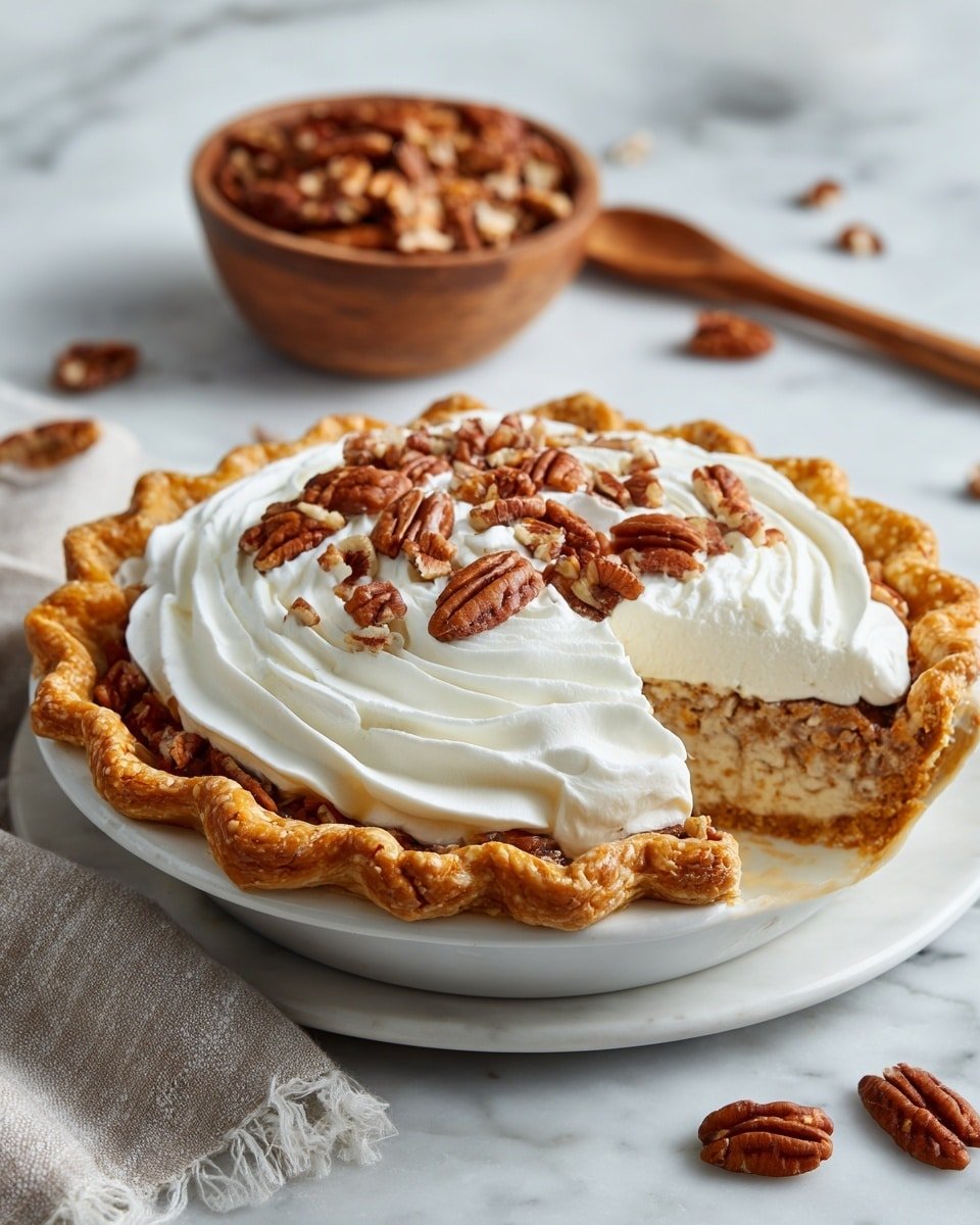 The image shows a pie with three clear layers on a white plate set on a white marbled surface. The bottom layer is a golden, flaky pie crust with a crimped edge that frames the pie. Above this is a thick beige filling mixed with small bits of pecans, giving it a textured look. Topping the filling is a large, smooth layer of white whipped cream, spread in swirled patterns with visible peaks and soft curves. On top of the whipped cream, chopped pecans are scattered evenly, adding a crunchy and nutty element. Nearby, there is a wooden bowl filled with more pecans and some pecans are also scattered around the pie. photo taken with an iphone --ar 4:5 --v 7 — Pecan Cream Pie, easy pecan pie dessert, creamy pecan pie filling, nutty pecan pie, homemade pecan pie recipe