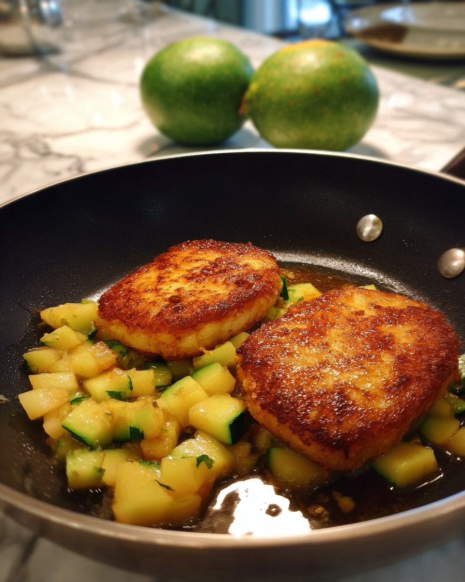 The image shows two golden brown cooked pieces on top of a layer of light yellow cubed vegetables inside a black pan. The top layer has a crispy texture with shiny spots where the light reflects. Behind the pan, there are two blurry green round fruits on a white marbled surface. photo taken with an iphone --ar 4:5 --v 7 — Apple and Brie Stuffed Chicken with Maple Dijon Glaze, stuffed chicken breasts with apple and Brie, fall-inspired chicken dinner, easy stuffed chicken recipes, cozy weeknight chicken meals