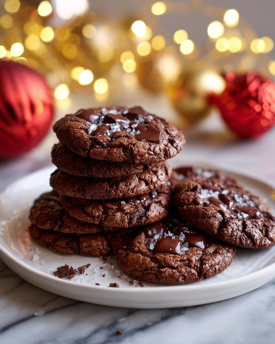 A white plate is filled with a stack of eight dark brown chocolate cookies, each cookie topped with a few shiny chocolate chunks and a sprinkle of coarse sea salt. The cookies have a rough, cracked surface texture, showing a slightly crisp edge and a soft middle. In the background, blurred golden fairy lights and red Christmas ornaments add a festive touch. The plate sits on a white marbled surface. photo taken with an iphone --ar 4:5 --v 7 — Fudgy Chocolate Brownie Cookies, chocolate brownie cookies, easy fudge brownie cookies, chewy chocolate cookies, rich chocolate cookie recipe