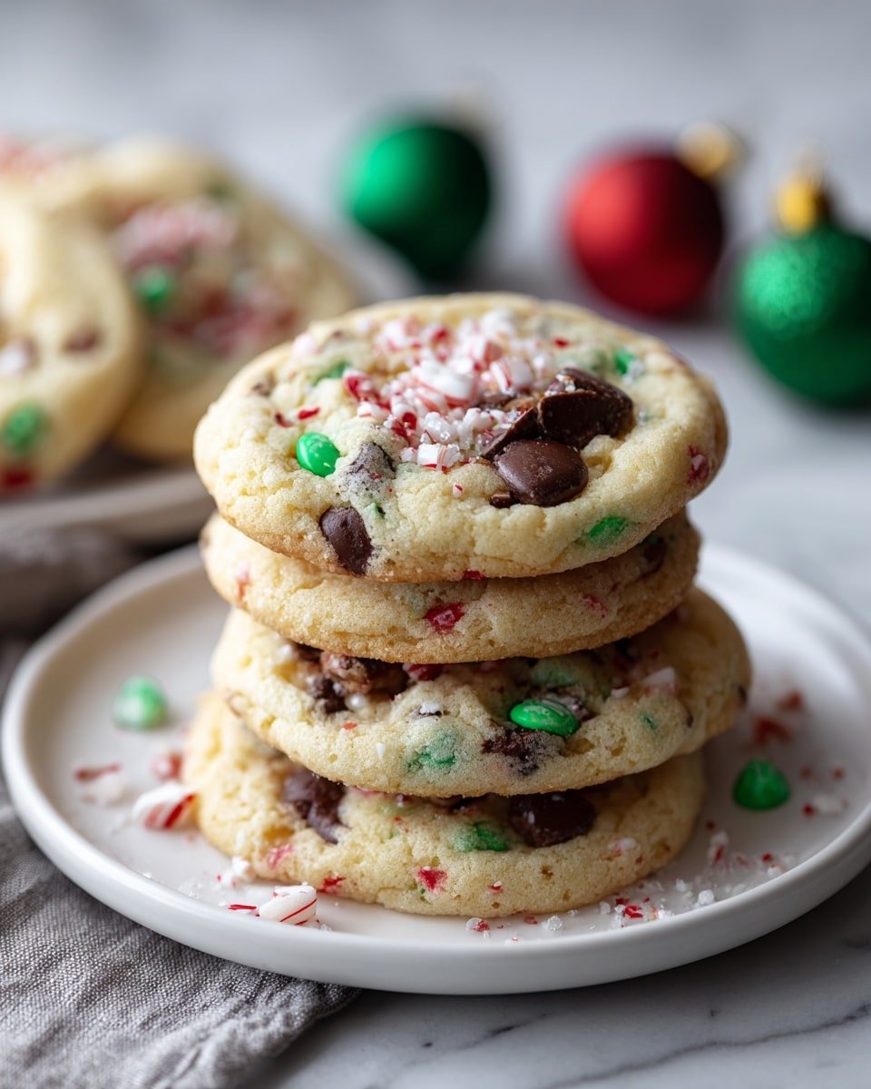 A white plate holds a stack of five round cookies with a light brown, soft texture and a slightly bumpy surface. The cookies are filled with colorful candy pieces in green, red, and white, mixed with small dark brown chocolate chunks. Some red and white peppermint bits sit on top, giving a festive look. The plate rests on a white marbled surface with a grey cloth nearby. Blurred green and red Christmas ornaments are seen in the background, adding a holiday atmosphere. Photo taken with an iphone --ar 4:5 --v 7 — Christmas Kitchen Sink Cookies, festive cookie recipes, holiday cookie ideas, easy Christmas cookies, colorful holiday treats