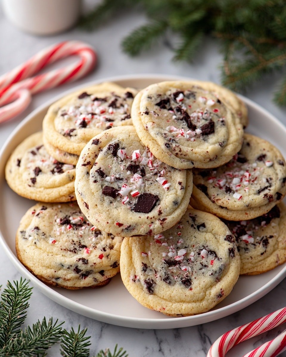 A white plate holds a stack of eight round cookies with a light golden color. Each cookie is filled with dark brown chocolate pieces and small red and white peppermint candy bits, giving a speckled look across the surface. The cookies have a slightly cracked texture on top, showing a soft inside. The plate sits on a white marbled surface and is surrounded by green pine branches and two red and white striped candy canes, adding a festive touch. photo taken with an iphone --ar 4:5 --v 7 — Peppermint Chocolate Chip Cookies, holiday cookie recipes, festive chocolate cookies, peppermint themed treats, easy holiday baking