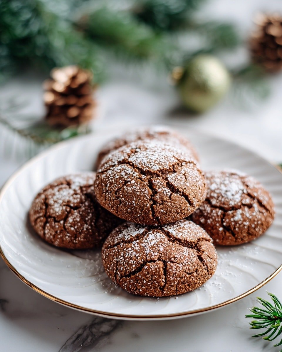 There are five round brown cookies with a cracked surface on a white plate with a thin gold rim. Each cookie has a light dusting of white sugar on top, adding a sprinkle of texture. The plate is placed on a white marbled surface. In the background, there are blurred green pine branches and a couple of small bronze pinecones, giving a cozy, festive feel. The cookies are slightly overlapping each other, with one cookie in the center on top of the others. photo taken with an iphone --ar 4:5 --v 7 — Spiced Molasses Cookies, ginger and cinnamon cookies, holiday baking recipe, chewy molasses cookies, cozy winter cookies