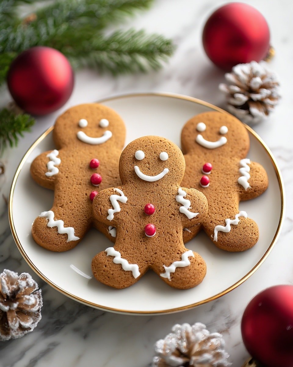 Three gingerbread cookies shaped like little people sit on a white plate with a thin golden rim. Each cookie is light brown with a cracked texture and decorated with white icing forming smiling eyes, mouths, and wavy lines on arms and legs. The buttons on their chests are made of small, round red candies, with the front cookie having two buttons and the two behind each having three. The plate is placed on a white marbled surface, and around it, there are red shiny Christmas ornaments and frosted pine cones, along with green pine needles in the blurred background. Photo taken with an iphone --ar 4:5 --v 7 — Gingerbread Cookies, Gingerbread Cookies Recipe, Spiced Gingerbread Cookies, Holiday Gingerbread Cookies, Easy Gingerbread Cookies