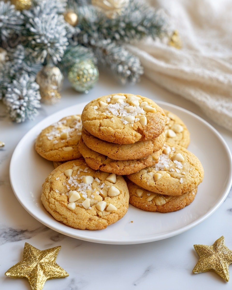A white plate holds six golden brown cookies stacked in two layers, with three cookies on the bottom and three cookies arranged on top. Each cookie is round and topped with white chunks of nuts scattered across the surface, along with a sprinkling of white sugar crystals. The cookies have a slightly rough texture with small cracks on the edges. The plate sits on a white marbled surface, with festive pine branches dusted with snow and golden star-shaped ornaments in the background. A soft white cloth with a subtle pattern lies to the side. Photo taken with an iphone --ar 4:5 --v 7 — White Chocolate Macadamia Nut Cookies, best white chocolate cookie recipe, easy cookie recipes with macadamia nuts, homemade white chocolate cookies, chewy cookie recipes with nuts