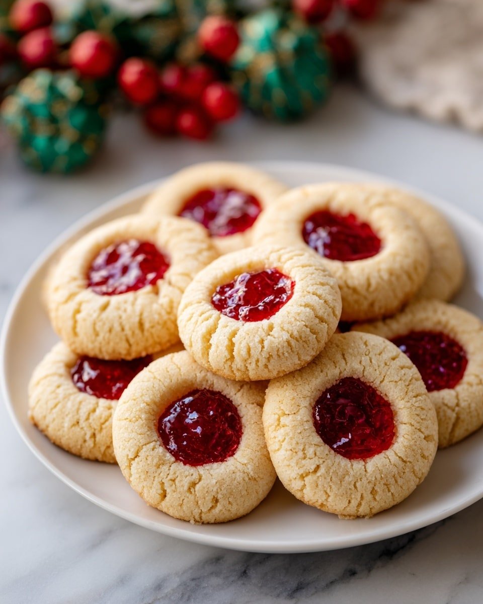 The image shows a white plate filled with around ten round cookies, each with a light golden color and a crackly texture. Each cookie has a small well in the center, filled with a bright, shiny red jam that looks smooth and glossy. The cookies are arranged closely together, filling the plate almost fully. In the background, there are blurred festive decorations with green tones and red berry-like shapes, set against a white marbled surface. The photo taken with an iphone --ar 4:5 --v 7 — Raspberry Thumbprint Cookies, raspberry jam cookies, buttery thumbprint cookies, easy raspberry cookies, homemade raspberry cookies