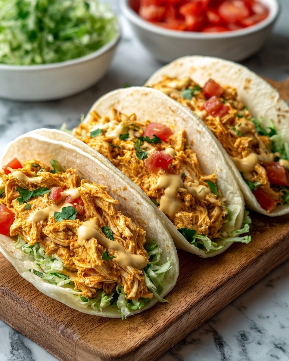 Three soft tacos are lined up on a wooden tray, each filled with shredded orange-colored chicken mixed with small green herbs and diced red tomatoes. The tacos have a layer of light green shredded lettuce at the bottom, with a creamy, slightly yellow sauce drizzled on top of the chicken in the front taco. The white flour tortillas hold the fillings gently, showing some slight folds. In the background, there are white bowls with more ingredients, including lettuce and diced tomatoes, placed on a white marbled surface. photo taken with an iphone --ar 4:5 --v 7 — Slow Cooker Queso Chicken Tacos, cheesy chicken tacos, easy taco dinner recipes, creamy chicken tacos, slow cooker Mexican dishes