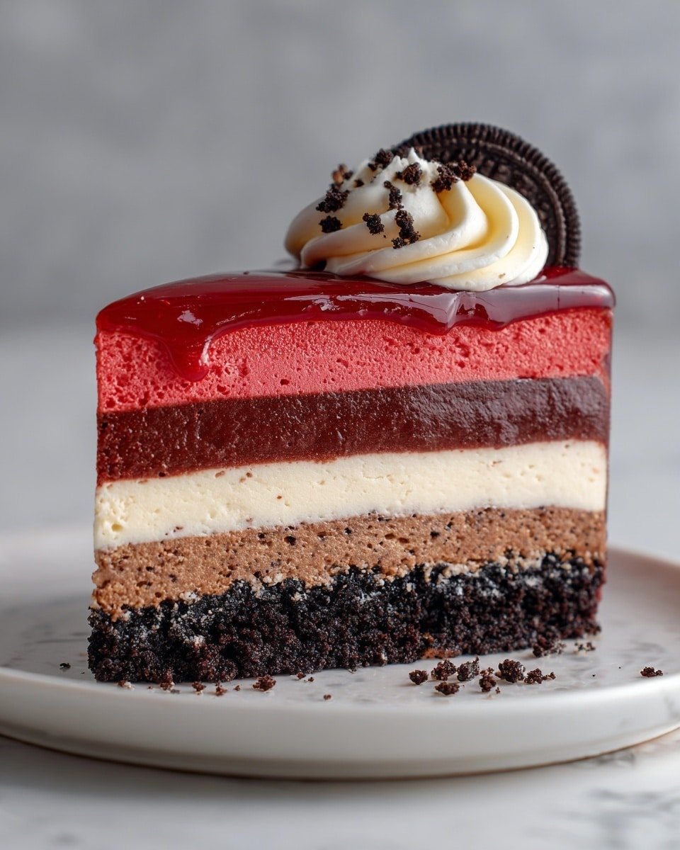 Red Velvet Oreo Cheesecake Recipe - Recipe Image — Red Velvet Oreo Cheesecake, Red Velvet Oreo Dessert, Oreo Cheesecake Ideas, No-Bake Red Velvet Cheesecake, Rich Red Velvet Cheesecake