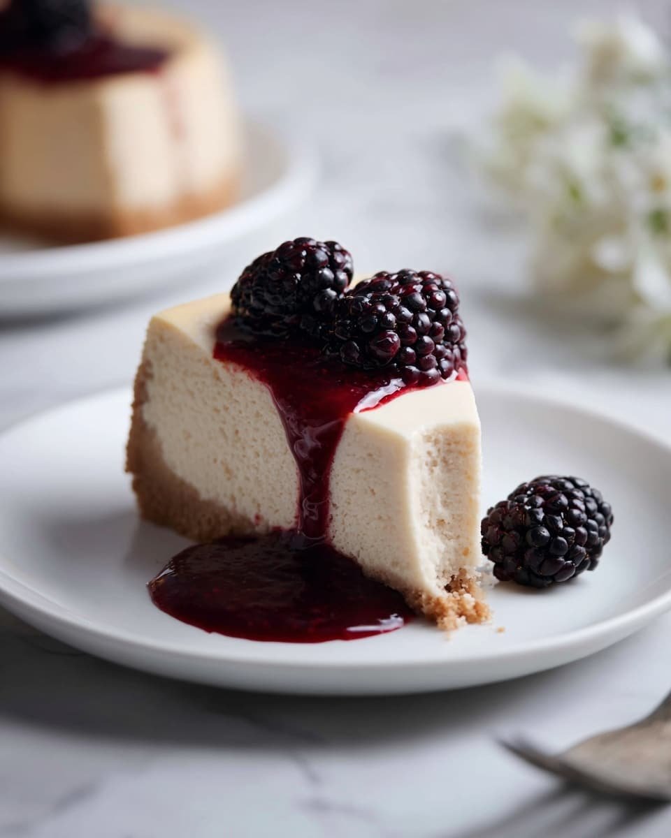 London Fog Basque Cheesecake with Blackberry Sauce Recipe - Recipe Image — London Fog Basque Cheesecake with Blackberry Sauce, Earl Grey Cheesecake, Blackberry Dessert Recipe, Elegant Cheesecake with Fruit Topping, Cozy Autumn Desserts