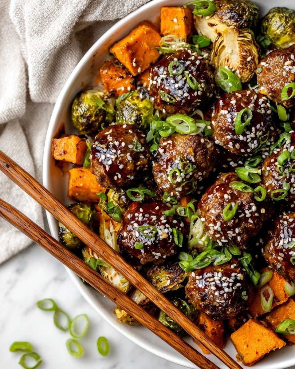 Korean BBQ Meatballs with Roasted Sweet Potatoes and Brussels Sprouts Recipe - Recipe Image — Korean BBQ Meatballs with Roasted Sweet Potatoes and Brussels Sprouts, Korean meatball recipes, Healthy roasted vegetable dishes, Easy weeknight dinners, Korean-inspired comfort food