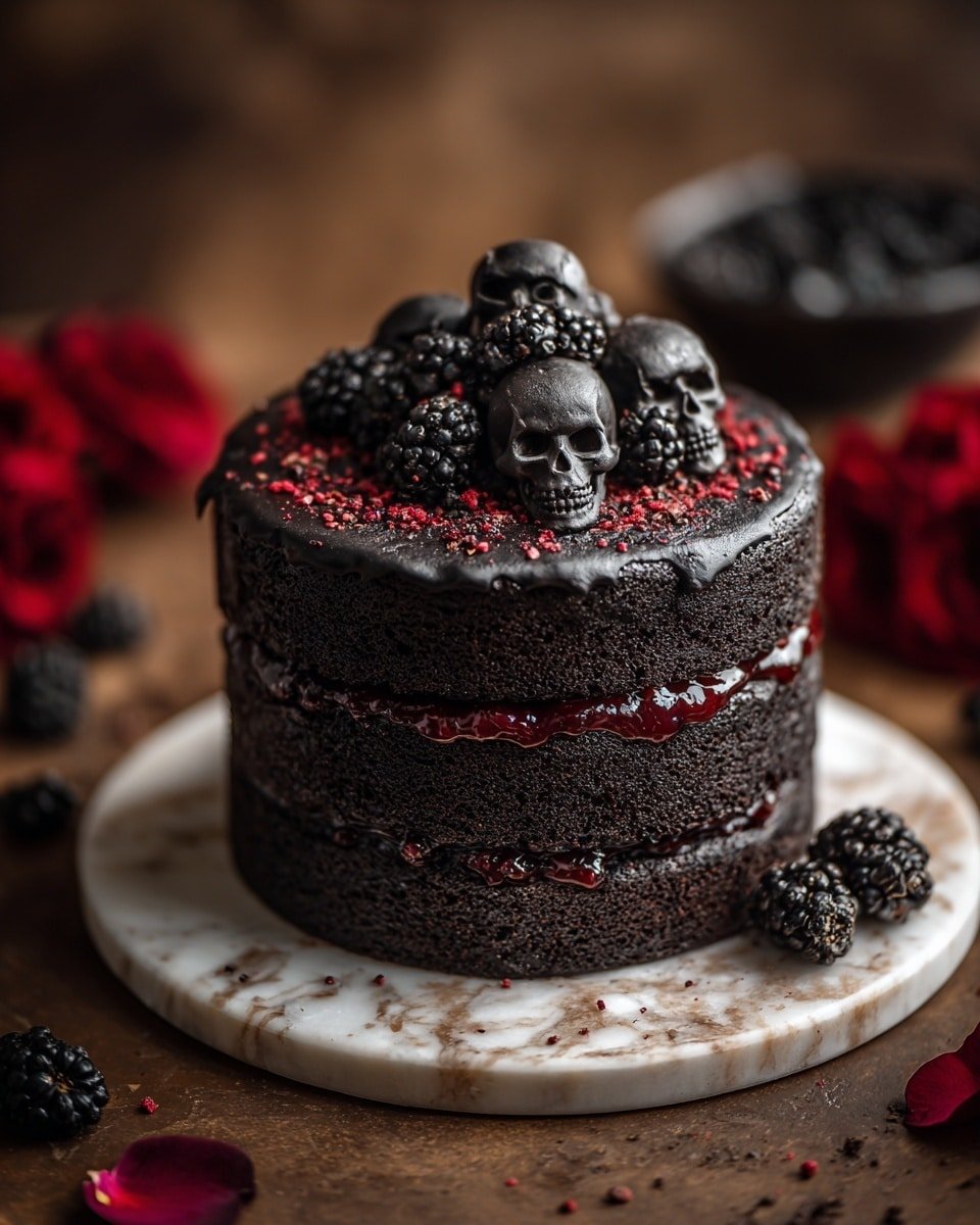 Spooky Black Velvet Halloween Cake Recipe - Recipe Image — Spooky Black Velvet Halloween Cake, black velvet cake recipe, Halloween themed chocolate cake, black cocoa cake dessert, spooky Halloween cake ideas