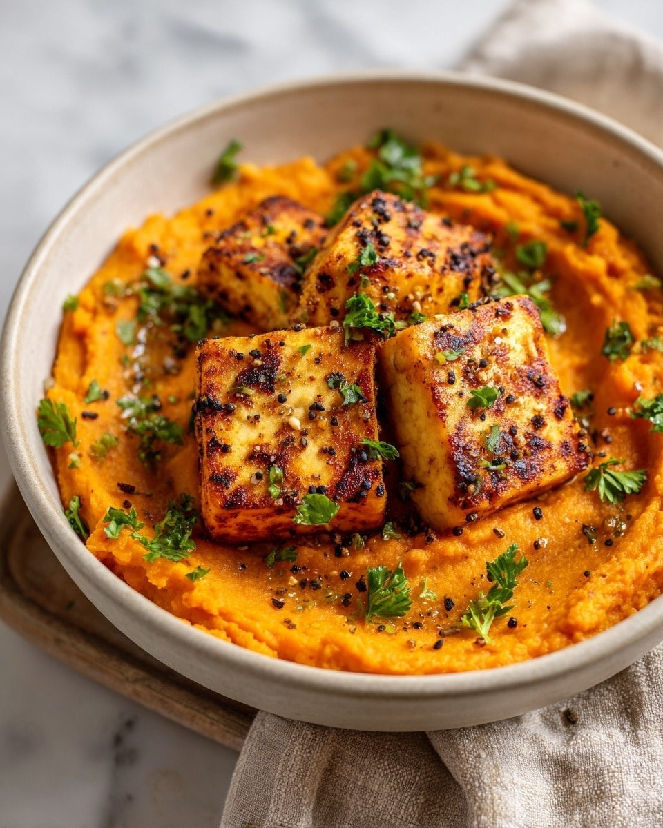Tofu Steak with Mashed Sweet Potato Recipe - Recipe Image — Tofu Steak with Mashed Sweet Potato, plant-based tofu steak recipe, vegan sweet potato dishes, healthy tofu and sweet potato meal, comforting vegetarian dinner