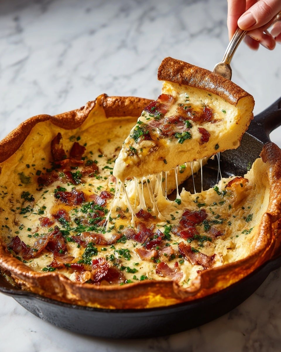 Savory Cheddar & Bacon Dutch Baby Recipe - Recipe Image — Savory Cheddar & Bacon Dutch Baby, savory Dutch baby recipe, bacon and cheddar breakfast, easy brunch ideas, puffed pancake with bacon and cheese