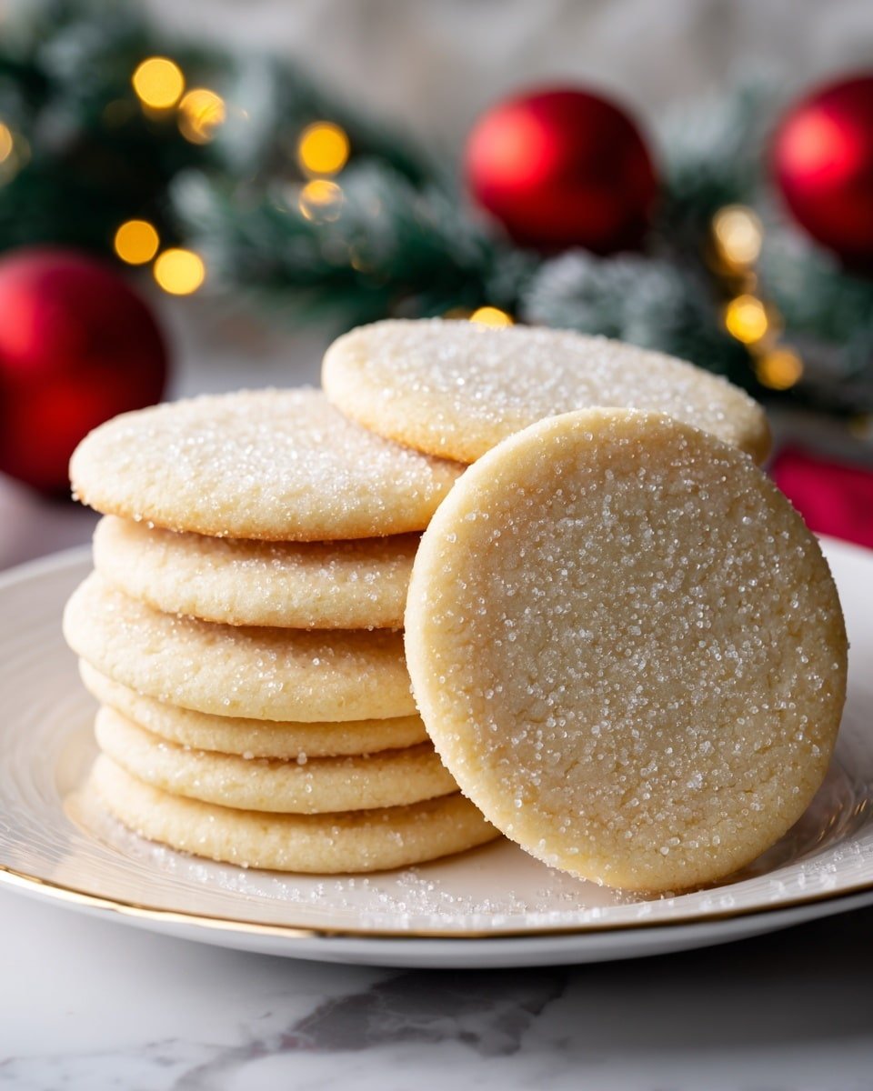A white plate with a gold rim holds about ten round sugar cookies stacked in two layers, the cookies are light golden with a smooth surface covered in a fine layer of sugar crystals that sparkle softly. The background is a white marbled texture with blurred red Christmas ornaments and green pine branches with yellow lights visible, adding a festive touch. The cookies are evenly baked and slightly overlapping each other, creating a cozy holiday feel. photo taken with an iphone --ar 4:5 --v 7 — Classic Sugar Cookies, Easy Sugar Cookies, Buttery Sugar Cookies, Holiday Sugar Cookies, Tender Sugar Cookies