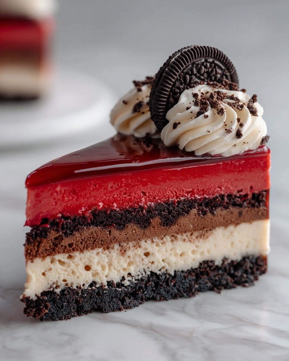 Red Velvet Oreo Cheesecake Recipe - Recipe Image — Red Velvet Oreo Cheesecake, Red Velvet Oreo Dessert, Oreo Cheesecake Ideas, No-Bake Red Velvet Cheesecake, Rich Red Velvet Cheesecake