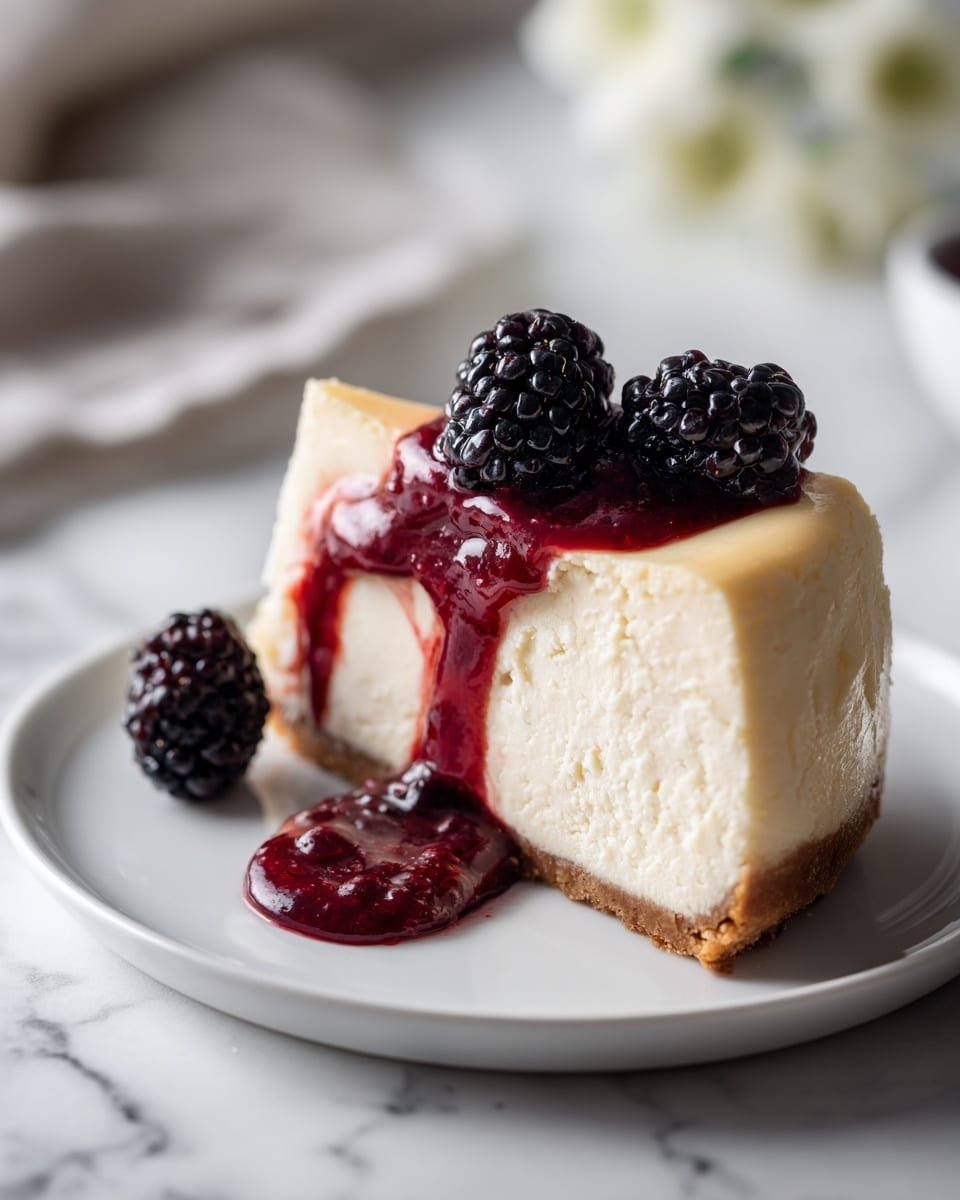 London Fog Basque Cheesecake with Blackberry Sauce Recipe - Recipe Image — London Fog Basque Cheesecake with Blackberry Sauce, Earl Grey Cheesecake, Blackberry Dessert Recipe, Elegant Cheesecake with Fruit Topping, Cozy Autumn Desserts