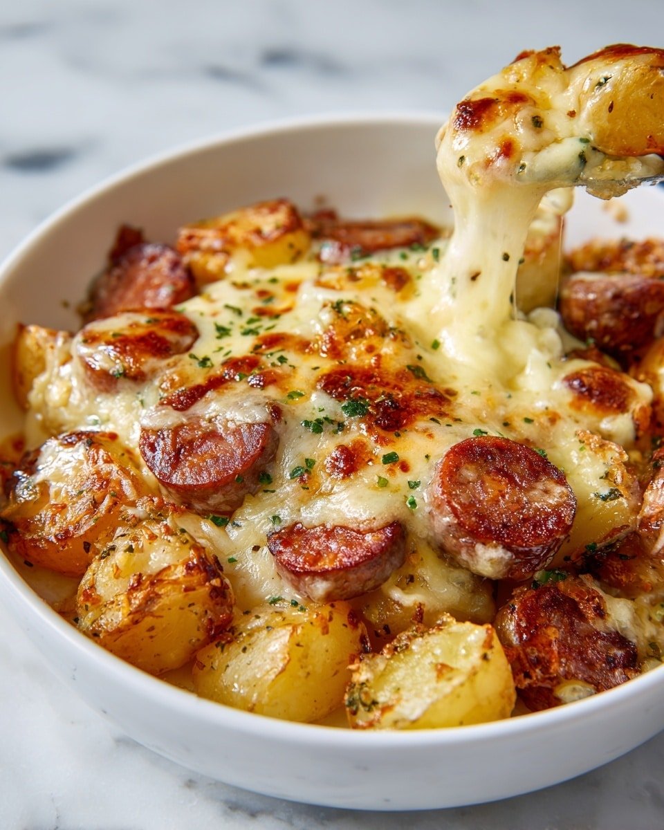 A close-up of a white bowl filled with three layers: the bottom layer has small golden-brown roasted potato pieces with a slightly crispy texture, the middle layer has browned, round sausage slices scattered evenly, and the top layer is melted creamy cheese that stretches and covers the potatoes and sausage, sprinkled lightly with small green herb bits. The bowl is placed on a white marbled surface. Photo taken with an iphone --ar 4:5 --v 7 — Cheesy Ranch Potatoes with Smoked Sausage, cheesy ranch potato casserole, smoked sausage and potato bake, hearty sausage and potato dish, flavorful comfort food