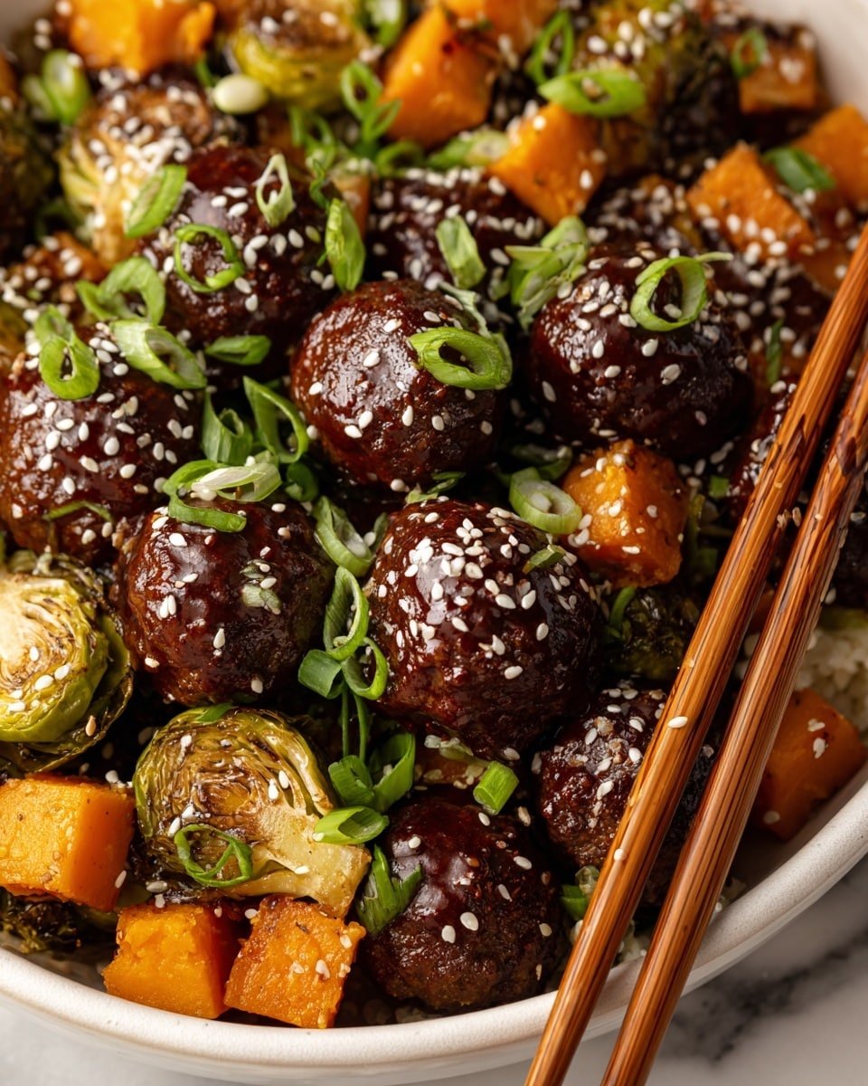 A close-up of several dark reddish-brown meatballs covered in a shiny sauce and sprinkled with white sesame seeds sit on top of an even layer of roasted orange sweet potato cubes and browned Brussels sprouts halves. Bright green chopped green onion pieces are scattered on top, adding fresh color. Light wooden chopsticks rest across the dish on the right side, with a white marbled surface below the white bowl holding all the food. Photo taken with an iphone --ar 4:5 --v 7 — Korean BBQ Meatballs with Roasted Sweet Potatoes and Brussels Sprouts, Korean meatball recipes, Healthy roasted vegetable dishes, Easy weeknight dinners, Korean-inspired comfort food