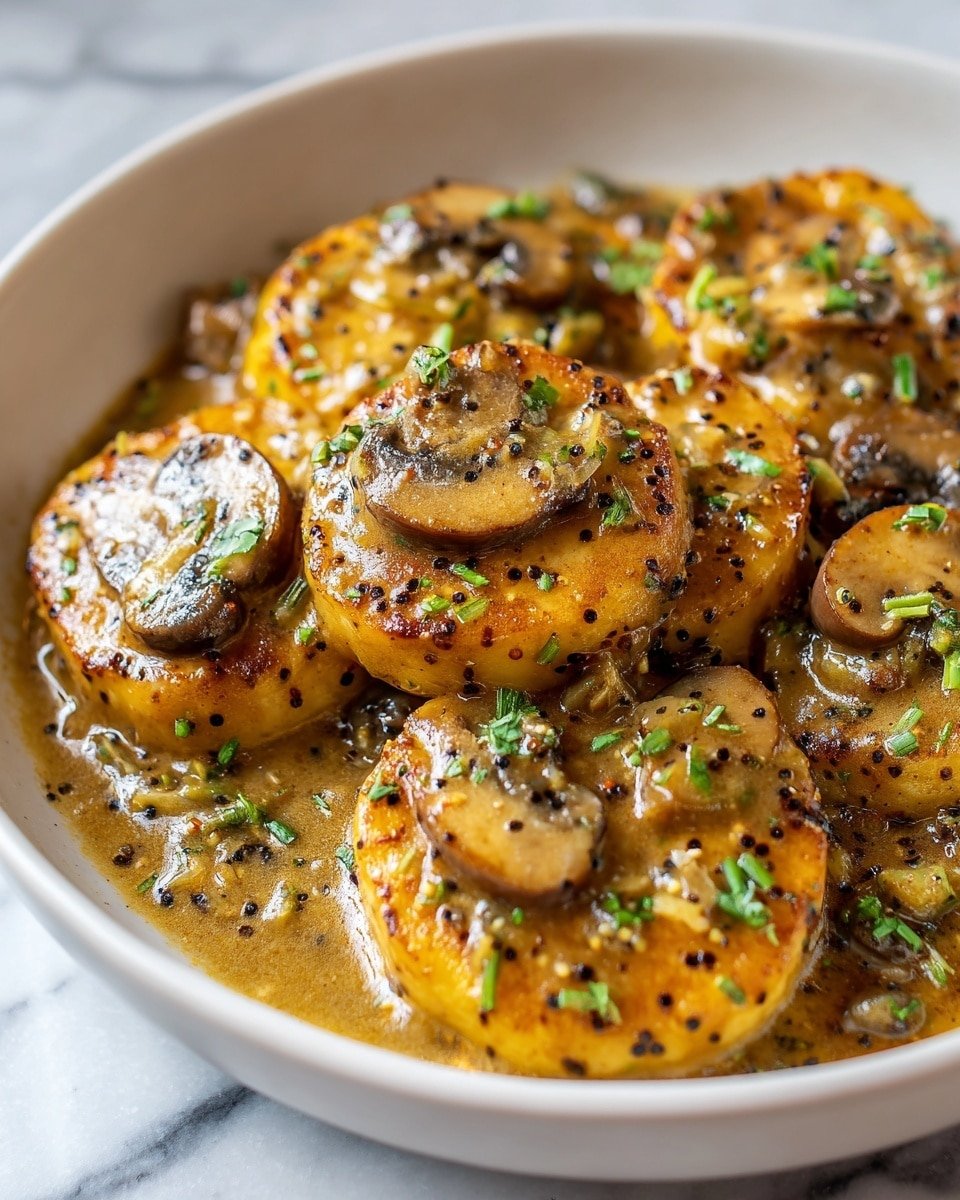 The image shows a close-up of a white plate filled with several golden brown round pieces of cooked food, each piece slightly thick with a soft texture, covered in a thick brown gravy. The gravy is smooth and shiny, with visible slices of mushrooms and small bits of onions mixed throughout. There are small green herb pieces sprinkled on top, adding color contrast. The light reflects off the glossy gravy and the cooked food pieces, highlighting their moist and tender appearance. The plate is set on a white marbled surface. photo taken with an iphone --ar 4:5 --v 7 — Crockpot Chicken Piccata, Chicken Piccata in the Slow Cooker, Easy Crockpot Lemon Chicken, Slow Cooker Chicken with Capers, Effortless Chicken Piccata Dinner