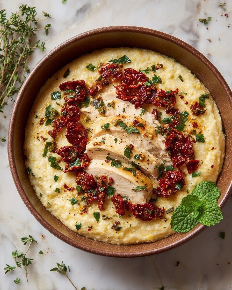 A brown bowl filled with soft, pale yellow creamy grits spread evenly at the bottom, topped with three pieces of light golden cooked chicken layered side by side, covered with bright red dried tomatoes scattered on top. Green fresh herbs are sprinkled all over, adding a touch of color, and there is a small sprig of green mint placed on the edge of the bowl. The bowl sits on a white marbled surface with some tiny scattered herbs around it. photo taken with an iphone --ar 4:5 --v 7 — Sun-Dried Tomato Crockpot Chicken, crockpot chicken recipes, easy chicken dinner, creamy chicken recipes, slow cooker chicken with sun-dried tomatoes