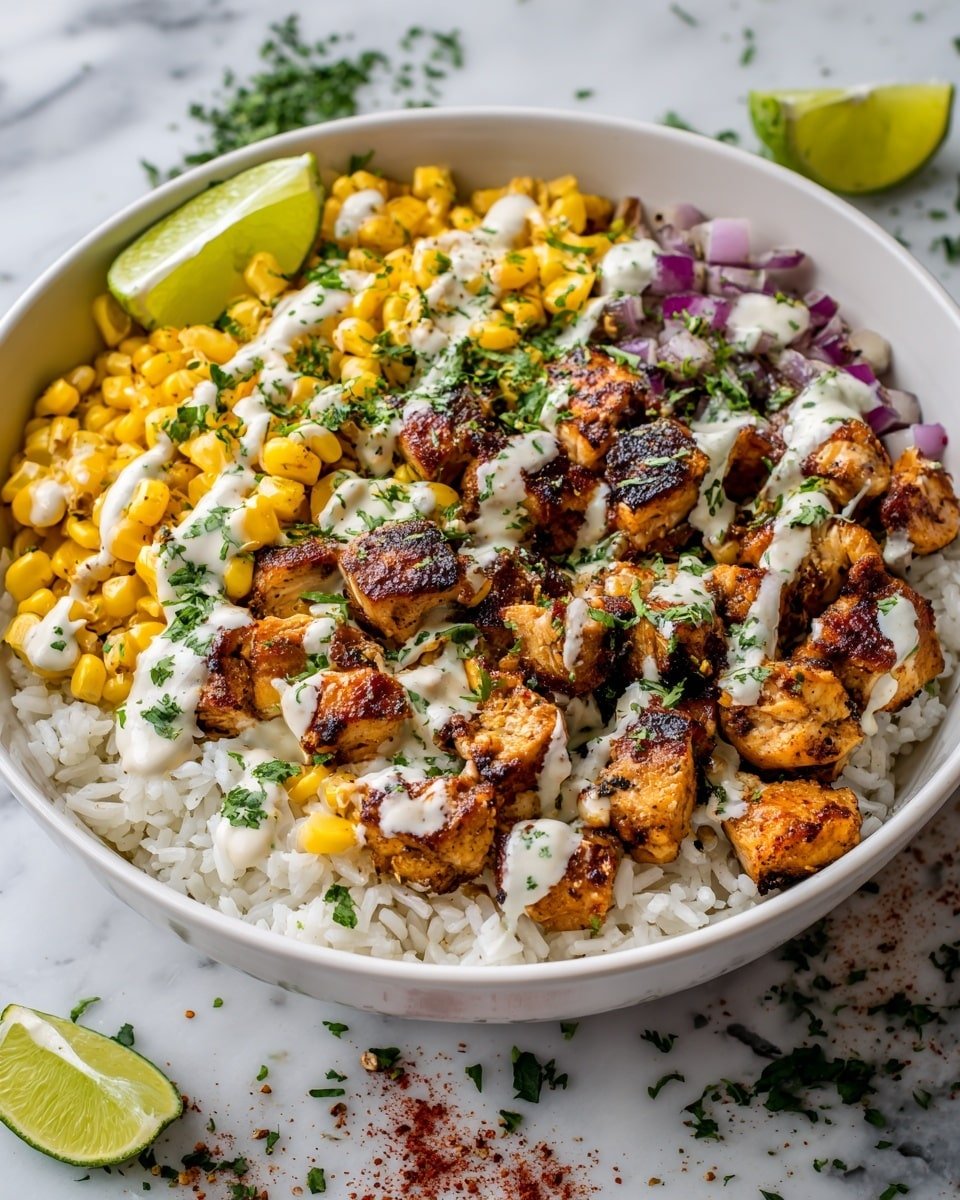 Street Corn Chicken and Rice Bowls Recipe - Recipe Image — Street Corn Chicken and Rice Bowls, Mexican street food bowls, smoky chicken and corn bowl, easy weeknight dinner recipes, flavorful chicken rice bowls